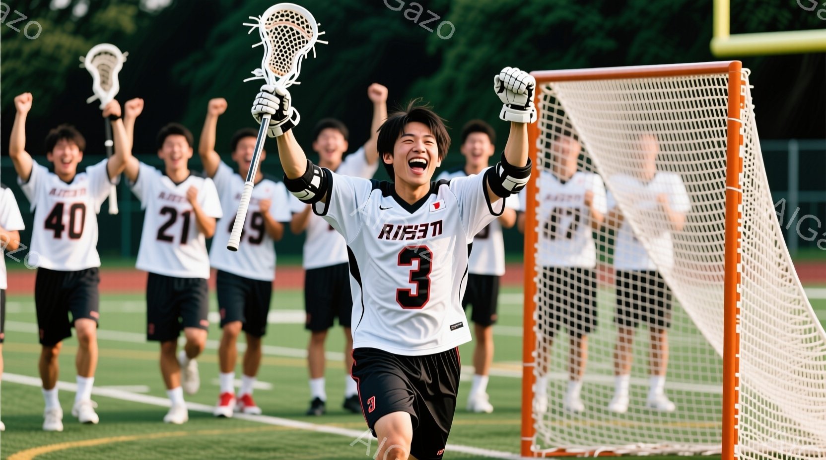ラクロスをしている男子学生たちが写っている。彼らは白いシャツと黒いショーツを着ており、シャツには赤い数字が入ったデザインが施されている。主役の選手は３番を背負い、歓喜に満ちた表情でラクロススティックを高く掲げ、背景にはチームメイトたちが喜びを分かち合っている様子が写っている。