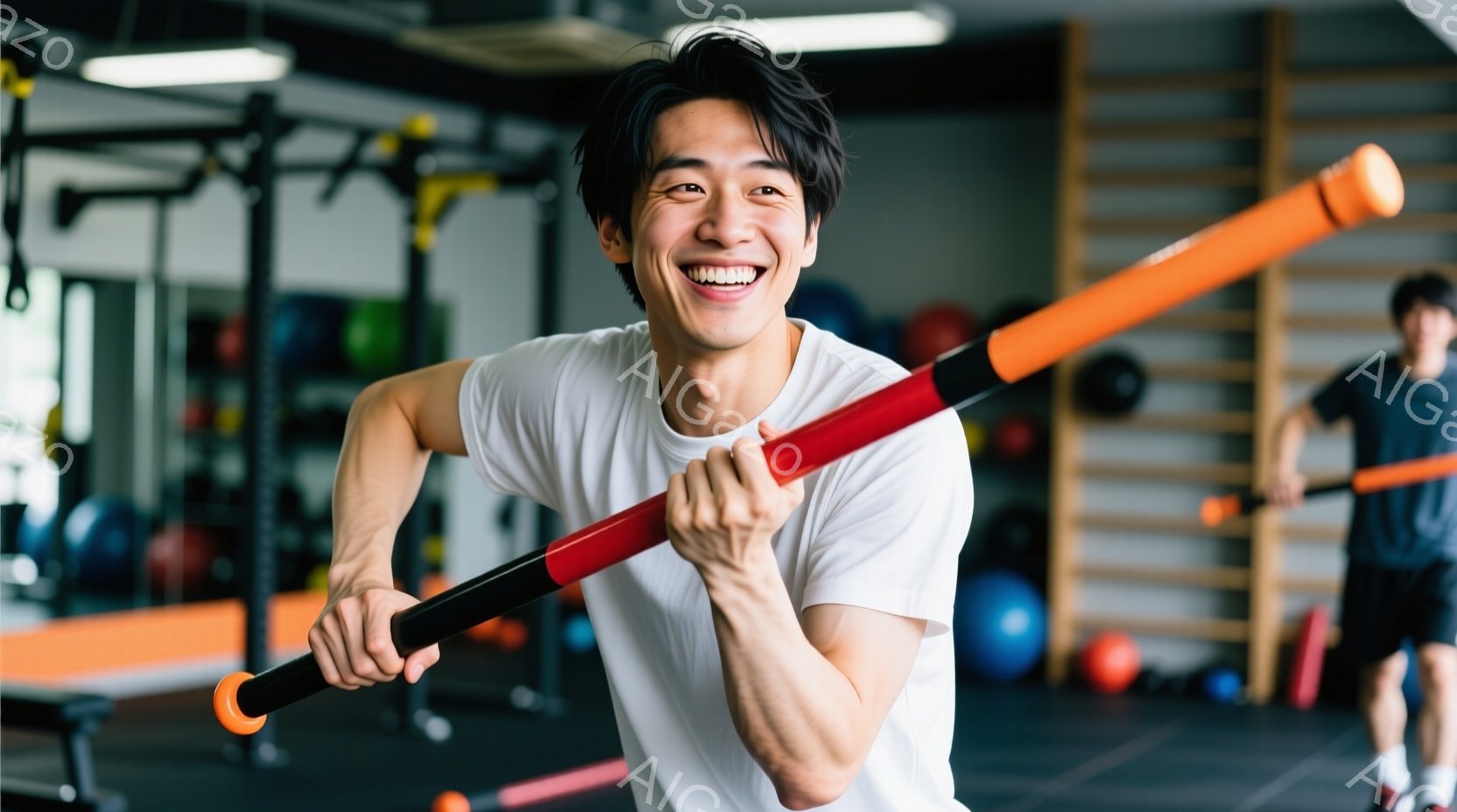筋トレジムで、白いTシャツを着た若い男性が赤い棒のような器具を持って笑顔でこちらを見ている。彼はやや前かがみになり、筋肉質な腕を強調している。背景には他の器具や運動している人がぼやけて見え、活気のある - AI生成フリー素材