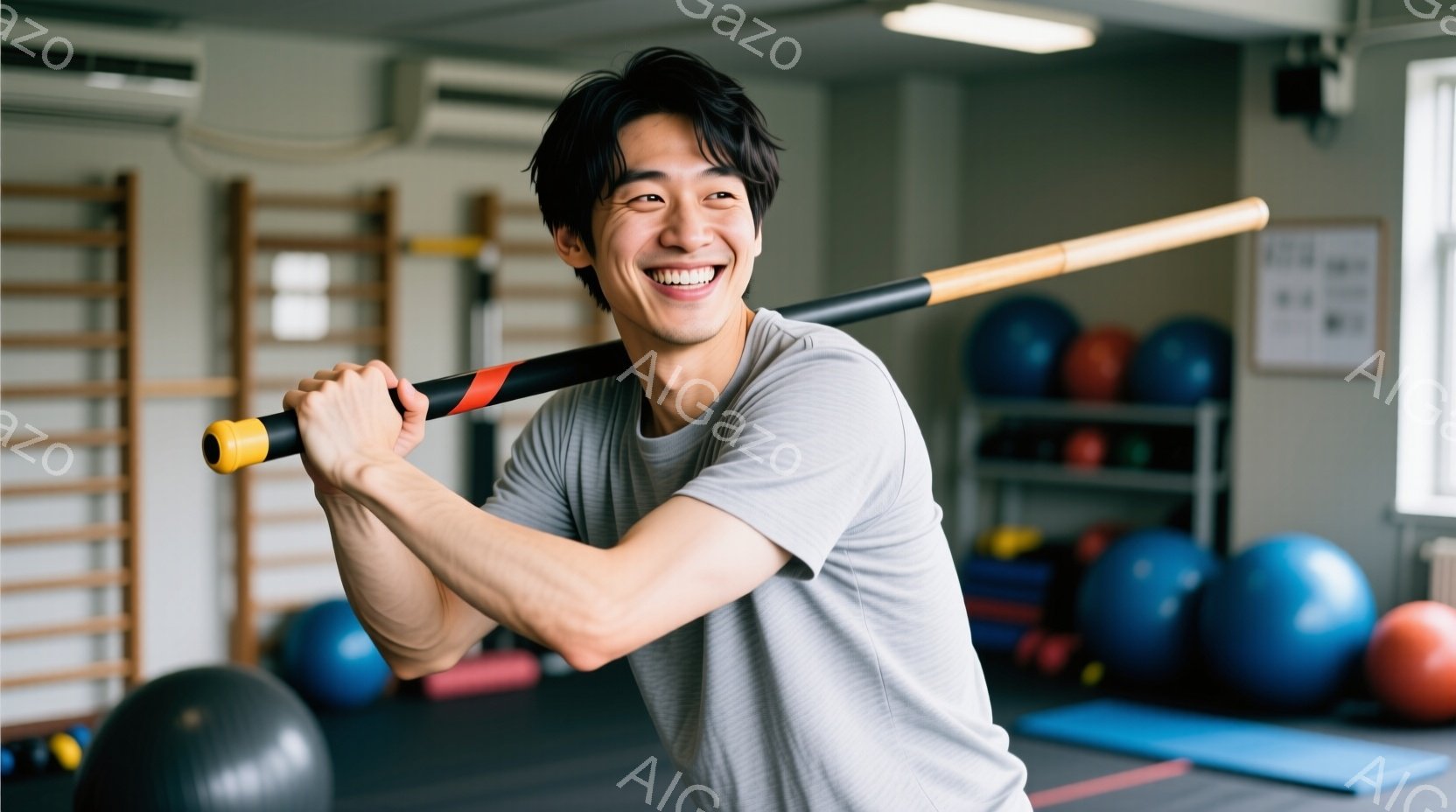 若い男性がジムでトレーニングをしている写真です。彼はグレーのTシャツを着て、笑顔で肩に棒状の器具を担いでいます。背景にはエクササイズボールやトレーニング器具が並び、明るい雰囲気のジム内であることがわか - AI生成フリー素材