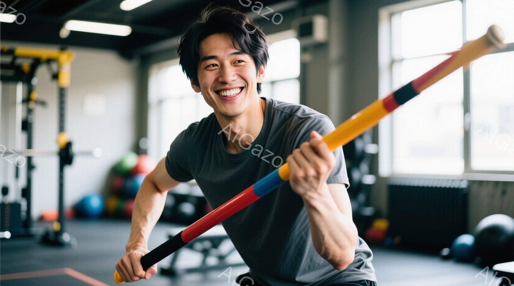 筋トレジムで、若い男性が赤いエクササイズ棒を持って、カメラに向かって笑顔でポーズをとっています。彼はグレーのTシャツを着ており、短く整えられた黒髪です。背景には他のトレーニング器具やボールが見え、ジム - AI生成フリー素材