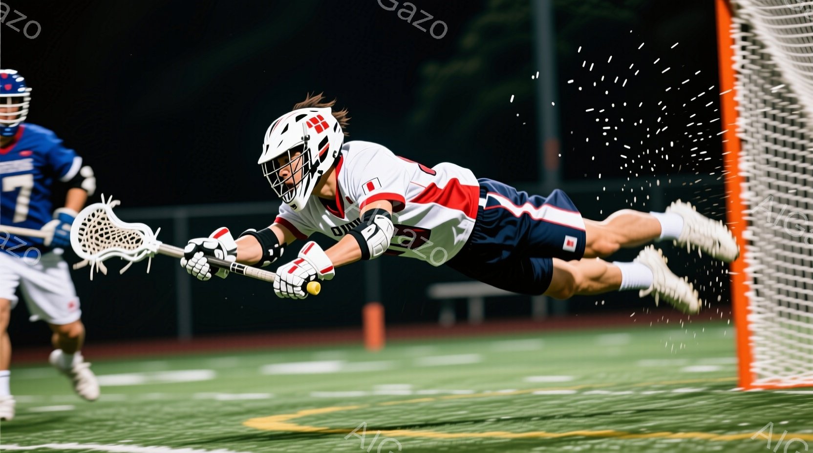 ラクロス選手が空中でのアクションショットで、ゴールに向かって飛び込んでいる様子が捉えられています。赤と白のストライプのユニフォームを身につけ、ヘルメットを着用し、髪は少し伸びており、集中した表情を見せ - AI生成フリー素材