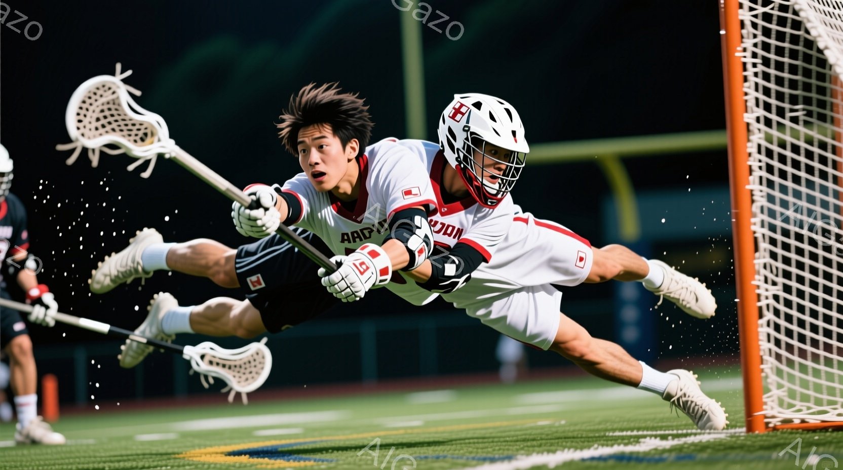 ラクロスをする男性選手が、空中で体を大きく広げ、ゴールに向かってボールを運んでいる様子が写っている。赤と白のストライプのユニフォームを着用し、黒いヘルメットとグローブを装着、髪は短く整えられ、強い意志を感じさせる表情をしている。背景は緑色の芝生フィールドと、ぼやけた観客席、そして曇り空で、試合の激しさと躍動感が伝わる。