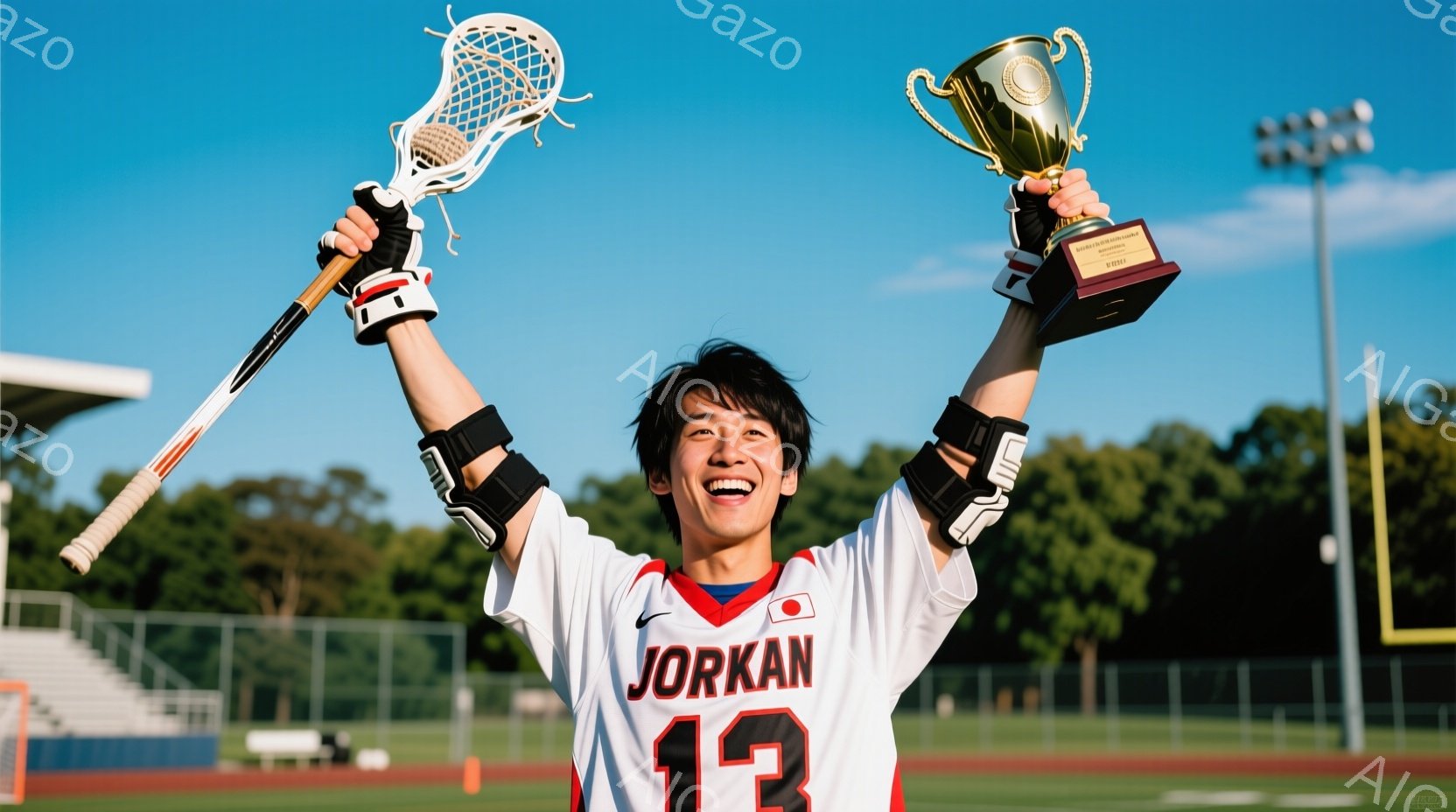 ラクロスをしている若い男性が、片手にラクロススティック、もう片手にトロフィーを持って勝利を祝っている。彼は白地に赤い文字と数字「13」が書かれたジャージを着ており、黒いヘッドバンドとアームバンドを着用している。背景には緑の芝生、観客席、そして青空が広がり、晴れた日のスポーツイベントの興奮を伝える。