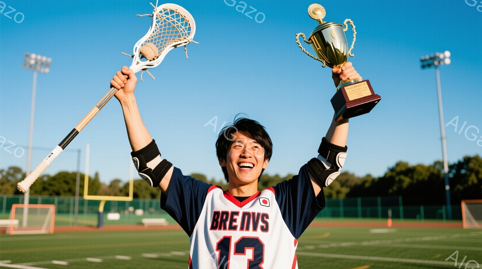 ラクロス選手が、勝利をアピールするかのように両手を高く上げています。紺と白のユニフォームには「BREVNS」と数字の「13」が書かれており、肘当ても着用しています。背景は緑の芝生とフェンス、そして晴れた青空が広がっており、勝利の喜びを分かち合う爽やかな雰囲気が漂っています。