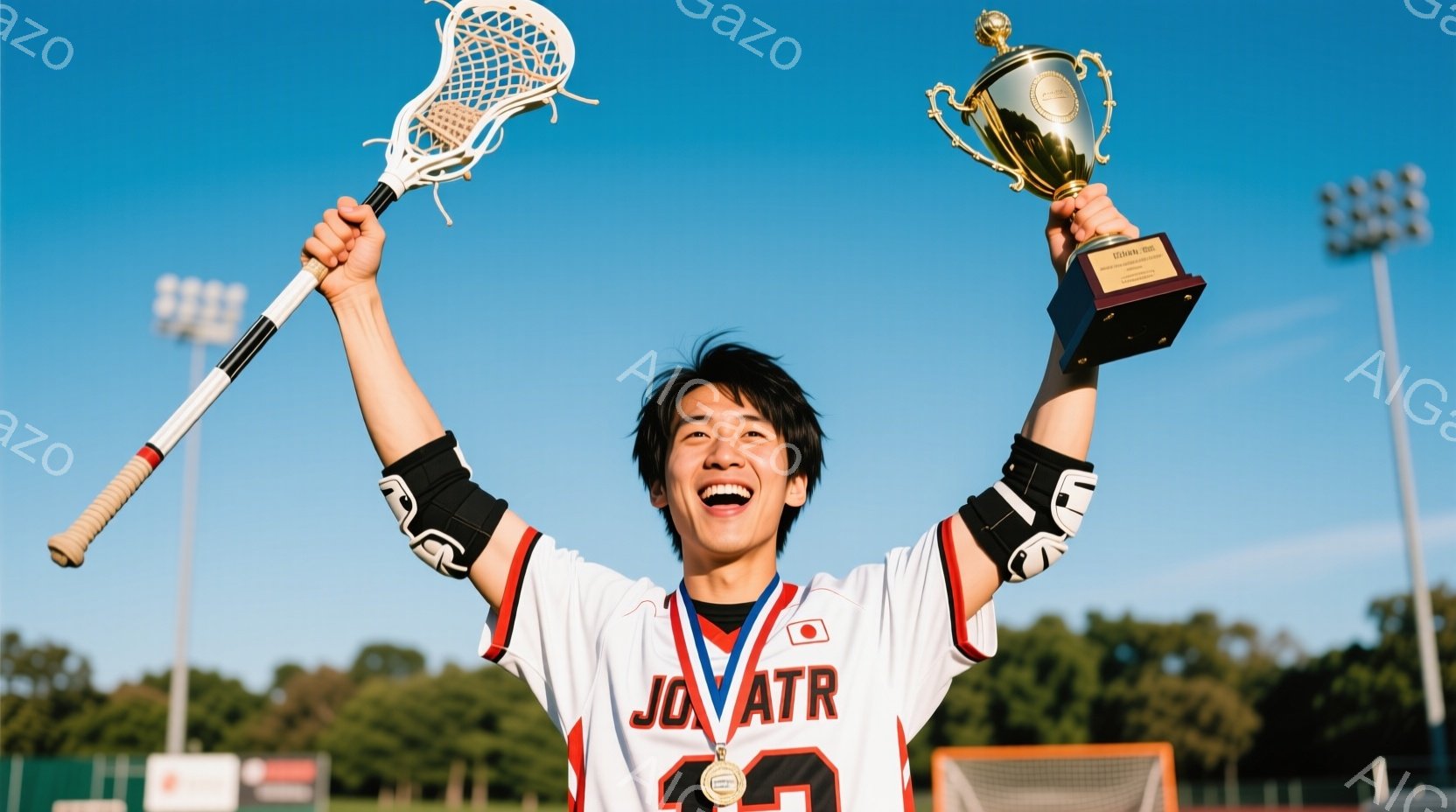 人物は喜びを表す表情をしており、両手でボールとラクロスのポールを持っています。彼は緑のキャンプグラウンドに立ち、天空が晴れた日であることがわかります。背景には少しの霧があり、夕日の光が弱く照らしています。人物は喜びを表す姿勢で手を上げ、感謝と達成感を体現しているように見えます。