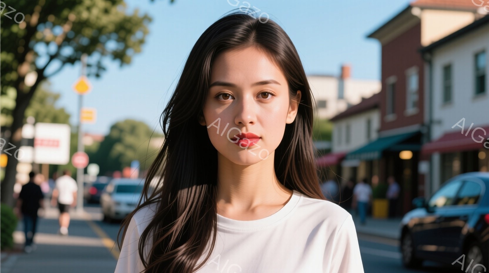 長い黒髪を肩まで垂らした女性が、白いTシャツを着て正面を見つめている。彼女の表情は穏やかで、わずかに微笑んでいるように見える。背景には、通り、建物、木々が見え、晴れた日の街並みが広がっている。 - AI生成フリー素材