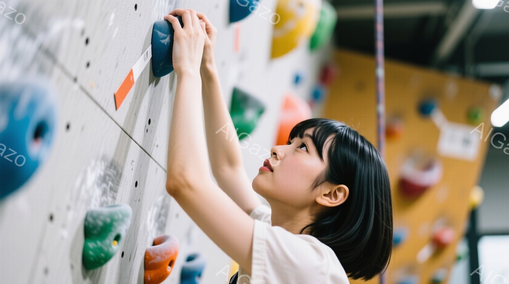 黒髪の女性がクライミングウォールで登っている様子が写っています。白いTシャツを着ており、集中した表情で次のホールドを目指して腕を伸ばしています。背景はカラフルなクライミングホールドが取り付けられた壁で、屋内クライミングジムの雰囲気です。