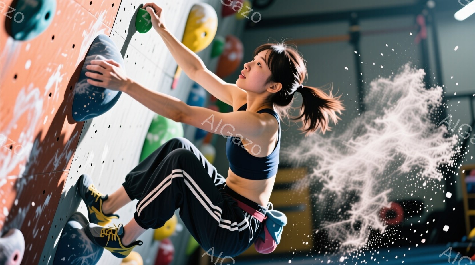 紺色のスポーツブラと黒地に白のストライプが入ったクライミングパンツを着用した女性が、クライミングウォールを登っています。彼女は髪をポニーテールにし、集中した表情でホールドに捉まり、体を大きく伸ばしたダイナミックな姿勢を見せています。背景はクライミングジムの壁で、彼女の周りには白い粉のような粒子が舞い、躍動感あふれる雰囲気を醸し出しています。