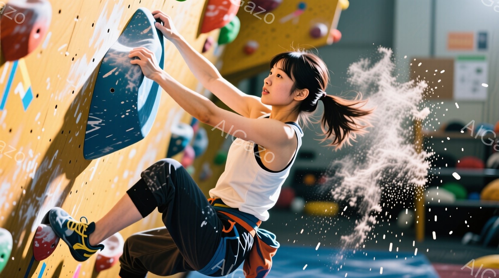 室内クライミングジムで、女性がダイナミックな動きで壁を登っている様子が捉えられています。彼女は黒いヘアスタイルで、白いタンクトップと黒いズボンを着用し、オレンジ色のハーネスを締めています。壁からは粉のようなものが舞い上がり、彼女の力強い姿勢と集中した表情が印象的です。