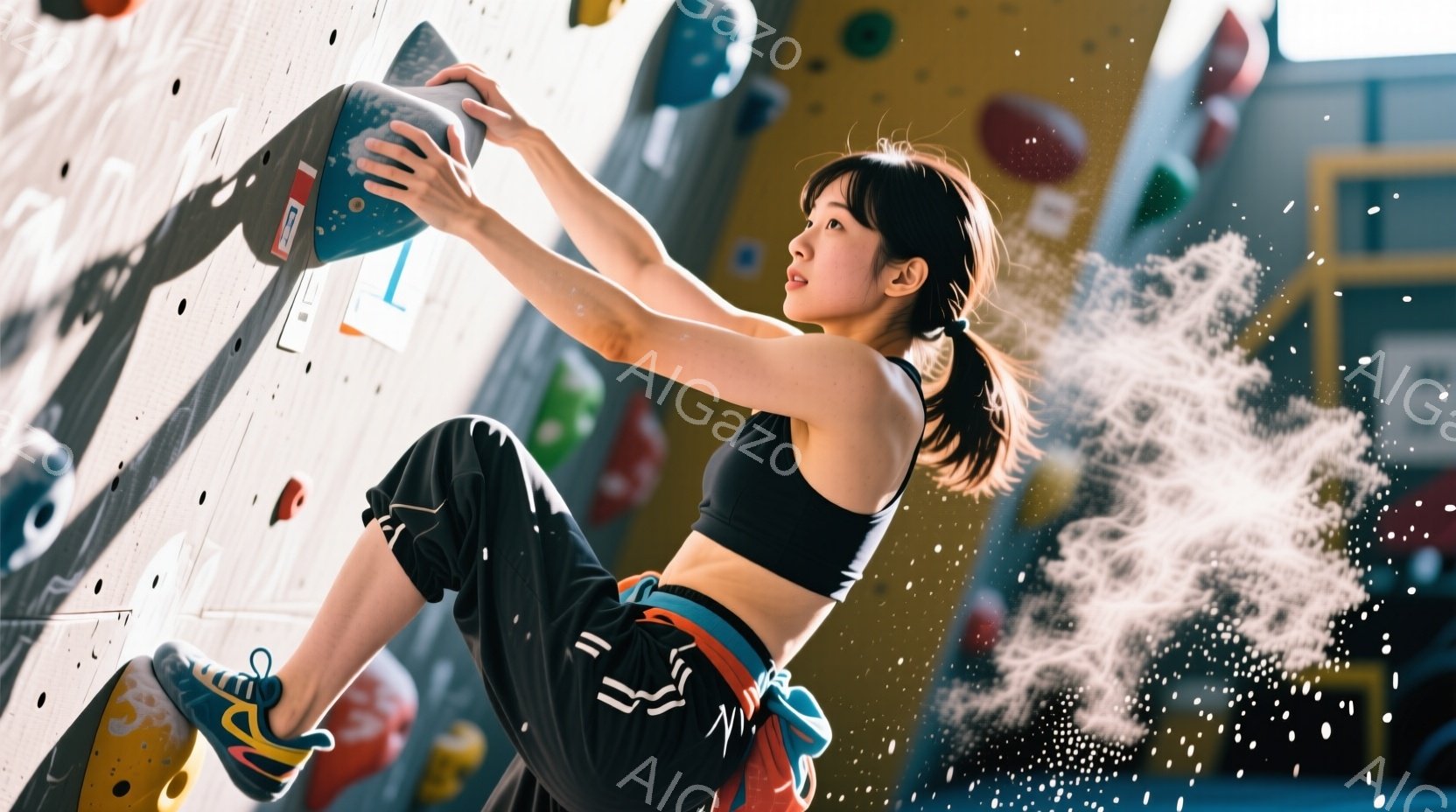 室内クライミングジムで、女性が壁を登っている様子が写っています。黒のスポーツブラと、ゆったりとした黒のズボンを着用し、髪はポニーテールにまとめています。壁にはカラフルなホールドがあり、彼女は右手を伸ばして次のホールドに掴もうとしており、周囲には粉塵が舞い上がっています。