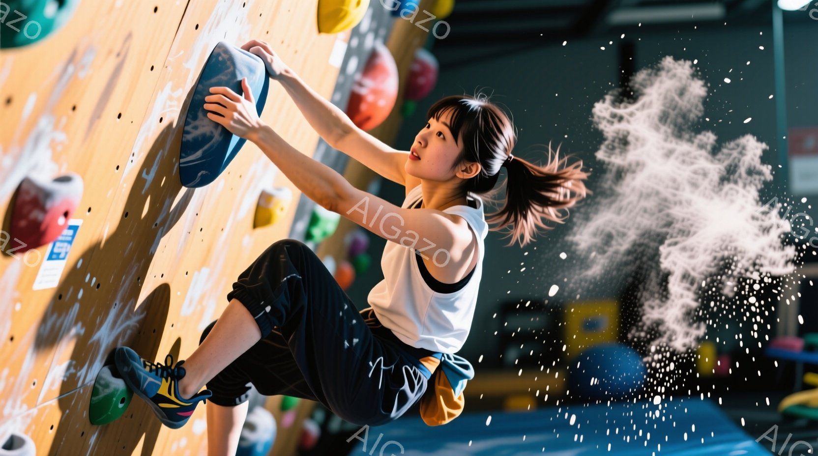 クライミングジムで壁を登る女性が写っています。彼女は白いタンクトップと黒いズボンを着用し、髪をポニーテールにしています。集中した表情で、体を大きく伸ばして次のホールドを目指しています。