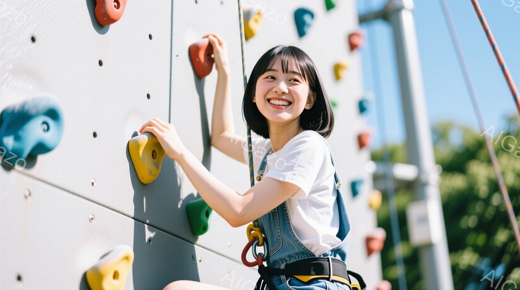 若い女性がクライミングウォールを登っています。白いTシャツとデニムのオーバーオール姿で、明るい笑顔を浮かべており、髪は短く黒く、前髪が少し流れています。背景には青空と緑の木々が見え、晴れた日の屋外アクティビティを楽しんでいる様子が伝わってきます。