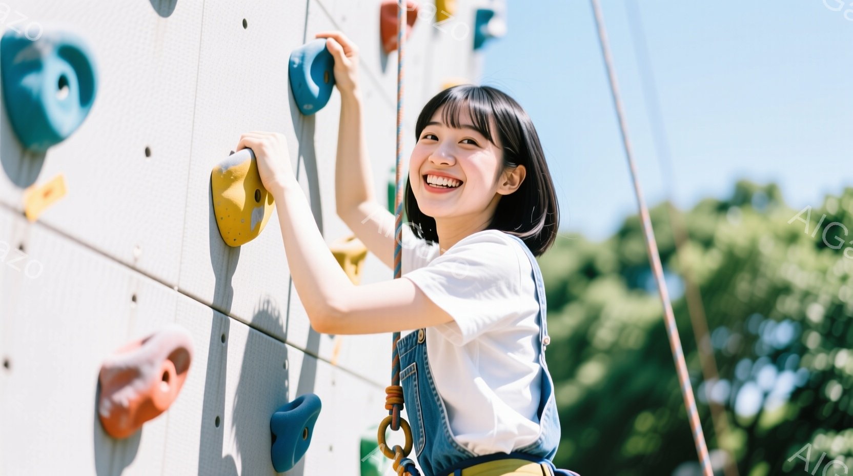 若い女性がクライミングウォールを登っています。白いTシャツとデニムのオーバーオールを着て、笑顔でポーズをとっています。背景には緑豊かな木々が見え、晴天の下で活気に満ちた雰囲気です。 - AI生成フリー素材