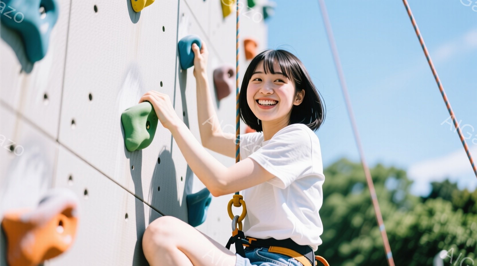 短い黒髪の女性がクライミングウォールを登っています。白いTシャツと短いパンツ姿で、笑顔を浮かべ、安全ハーネスを着用しています。背景には緑豊かな木々があり、晴れた空の下、活気に満ちたアウトドアの雰囲気が漂っています。