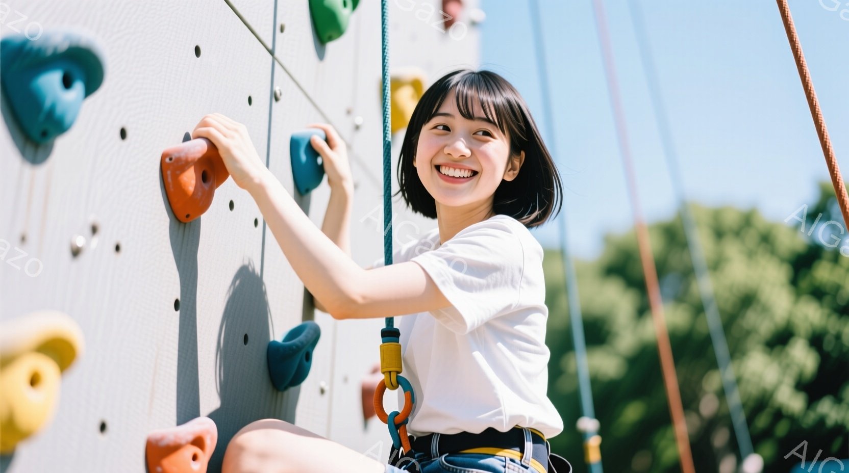 若い女性がクライミングウォールを登っています。白いTシャツとハーネスを着用し、笑顔でポーズをとっています。背景には緑豊かな木々と青空が広がり、晴れた日のアウトドアアクティビティを楽しむ様子が伝わってき - AI生成フリー素材