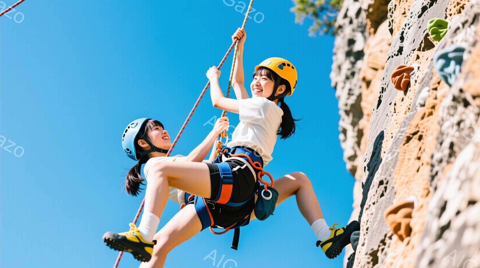 二人の若い女性がクライミングウォールを登っている様子が写っている。彼女たちは明るい色のクライミングウェアとヘルメットを着用し、髪はポニーテールに結んでいる。青空を背景に、活気に満ちた屋外スポーツの雰囲気が伝わる。