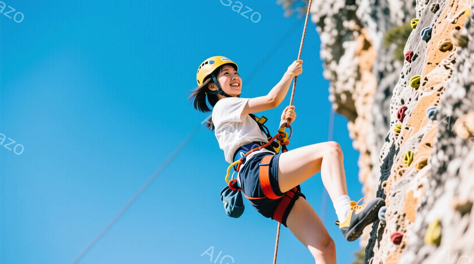 若い女性がクライミングウォールを登っています。彼女は白いTシャツ、青いショーツ、黄色いヘルメットを着用し、明るい表情で片足を使って壁を登っています。背景は晴れた青空と岩壁で、全体的に活気のあるアウトド - AI生成フリー素材