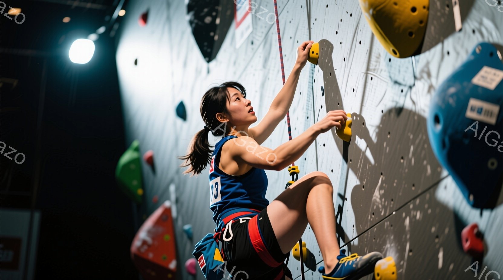 クライミングジムで岩壁を登っている女性アスリートが写っています。彼女は青いタンクトップ、黒いショートパンツに赤いライン、そしてクライミングシューズを着用し、髪はポニーテールに結ばれています。集中した表情で、岩壁のホールドにしっかりと掴まり、体を岩壁に近づけながら登っています。