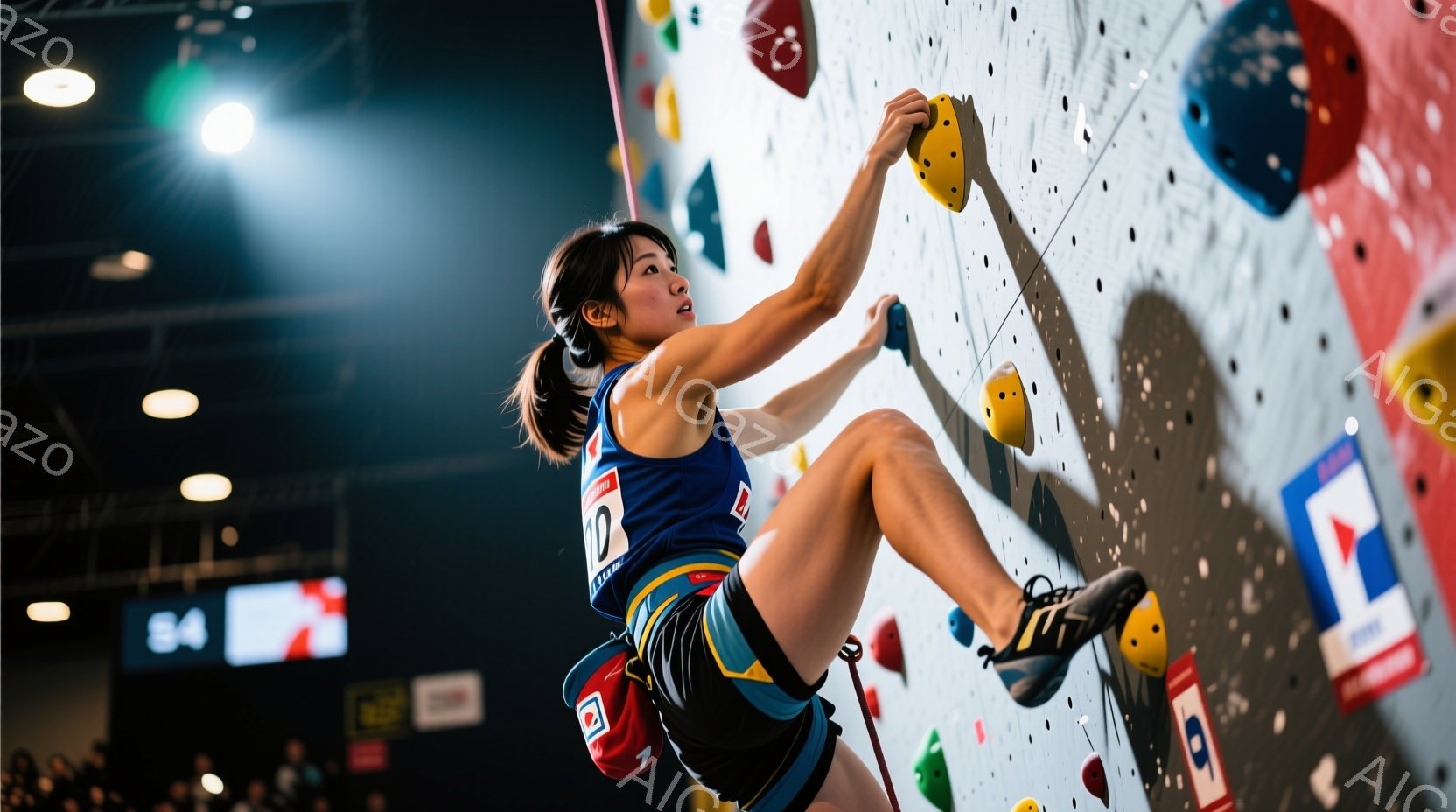 画像はクライミングジムでクライミングをしている女性アスリートを捉えている。彼女は青と赤のクライミングウェアを着用し、髪はポニーテールに結われている。集中した表情で壁を掴み、力強い姿勢で次のホールドを目指している。
