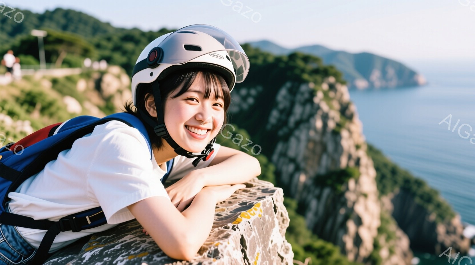 若い女性が、岩の上に肘をついて微笑んでいます。白いTシャツにデニムのオーバーオール、そしてヘルメットを着用しており、バックパックを背負っています。背景には、青い海と緑豊かな山々が広がり、晴天の下、爽や - AI生成フリー素材