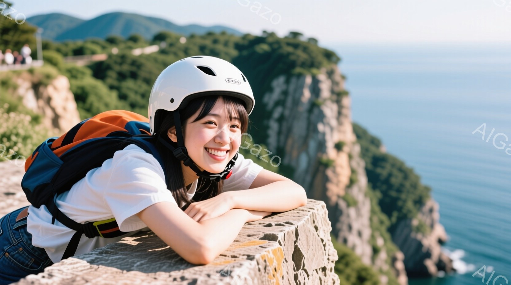 白いヘルメットを被り、白いTシャツとジーンズを着た女性が、石造りの壁にもたれて微笑んでいます。彼女はオレンジ色のバックパックを背負っており、晴れた日に青い海と緑豊かな崖を背景にした、アウトドアレジャーを楽しんでいる様子が伺えます。全体的に、爽やかで活気に満ちた雰囲気が漂っています。