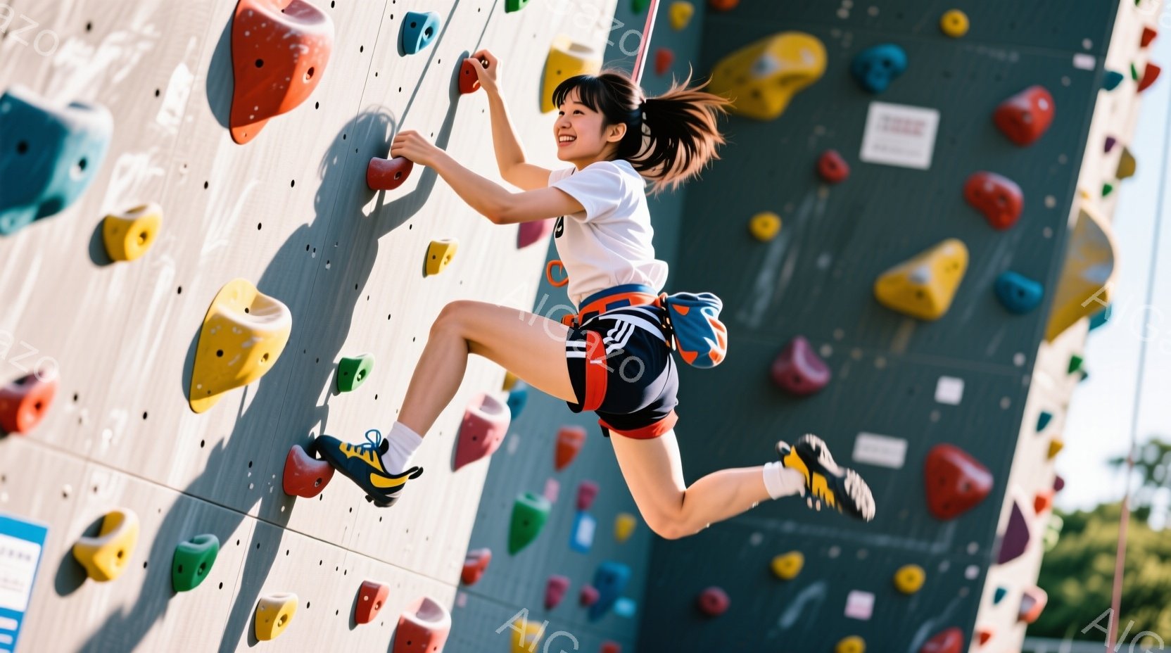 若い女性がクライミングウォールを登っている様子が写っている。彼女は白いTシャツ、黒いショートパンツ、そしてカラフルなクライミングシューズを着用しており、ポニーテールにしている。背景には青空と緑の木々が見え、晴れた日の屋外での活動を楽しんでいる様子が伝わる。
