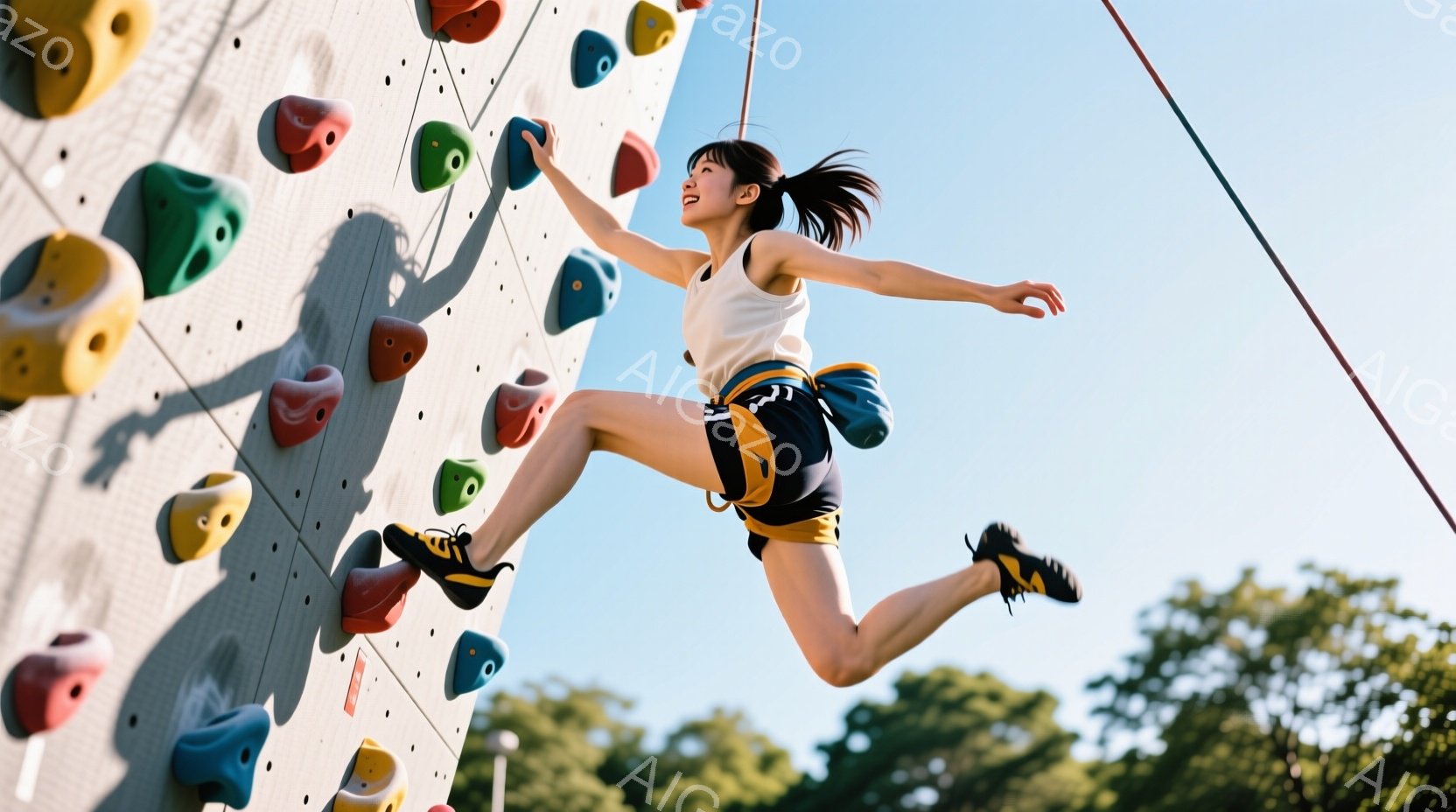 若い女性がクライミングウォールをダイナミックに登っている様子が写っている。彼女は白いタンクトップと黒いショートパンツ、そしてクライミングシューズを着用し、髪はポニーテールに結んでいる。背景には緑豊かな - AI生成フリー素材