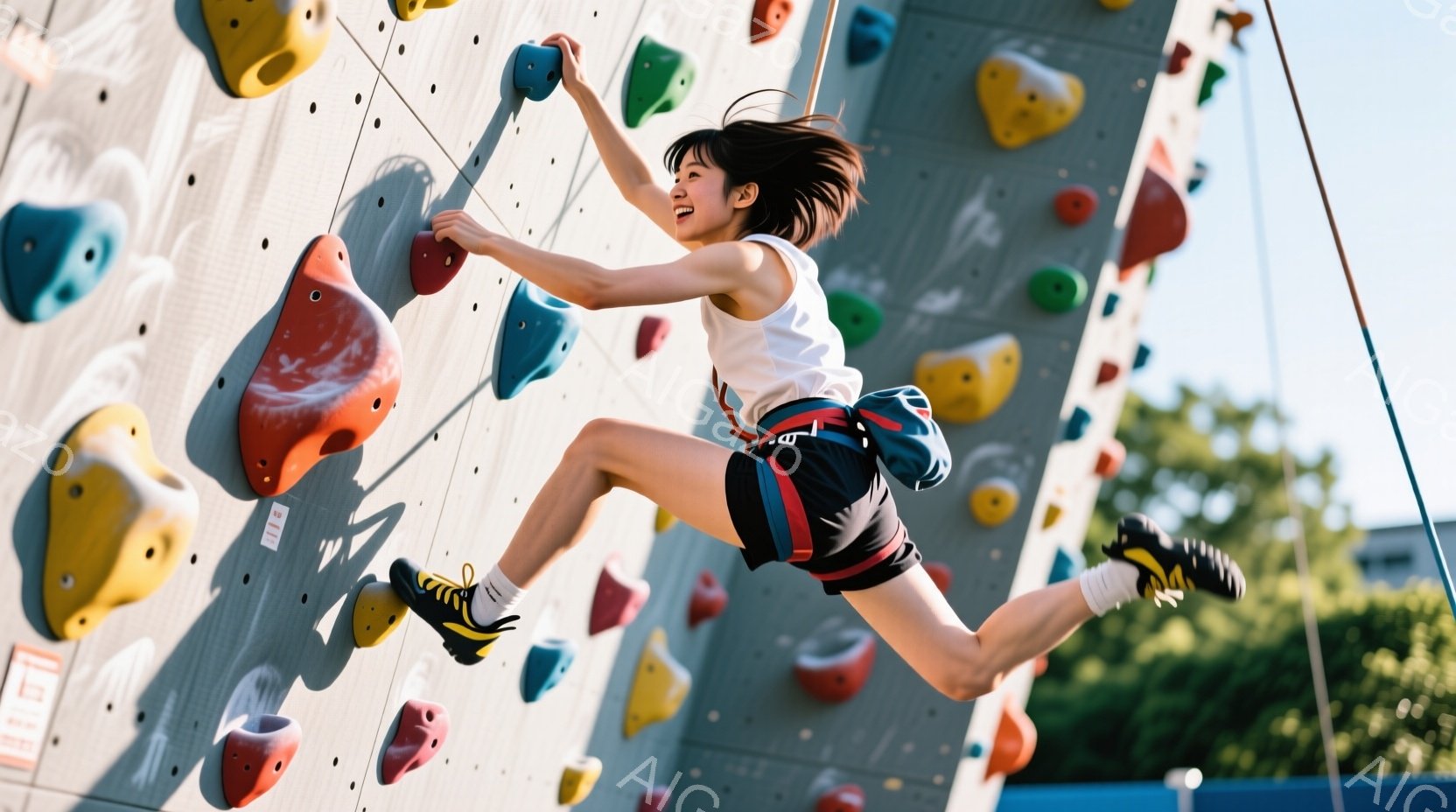 若い女性がクライミングウォールをダイナミックに登っている様子が写っている。白いタンクトップと黒いショートパンツ、そしてクライミングシューズを履き、明るい表情で壁のホールドに手を伸ばしている。背景には建物や青空が見え、屋外で晴れた日のアクティビティを楽しむ雰囲気である。