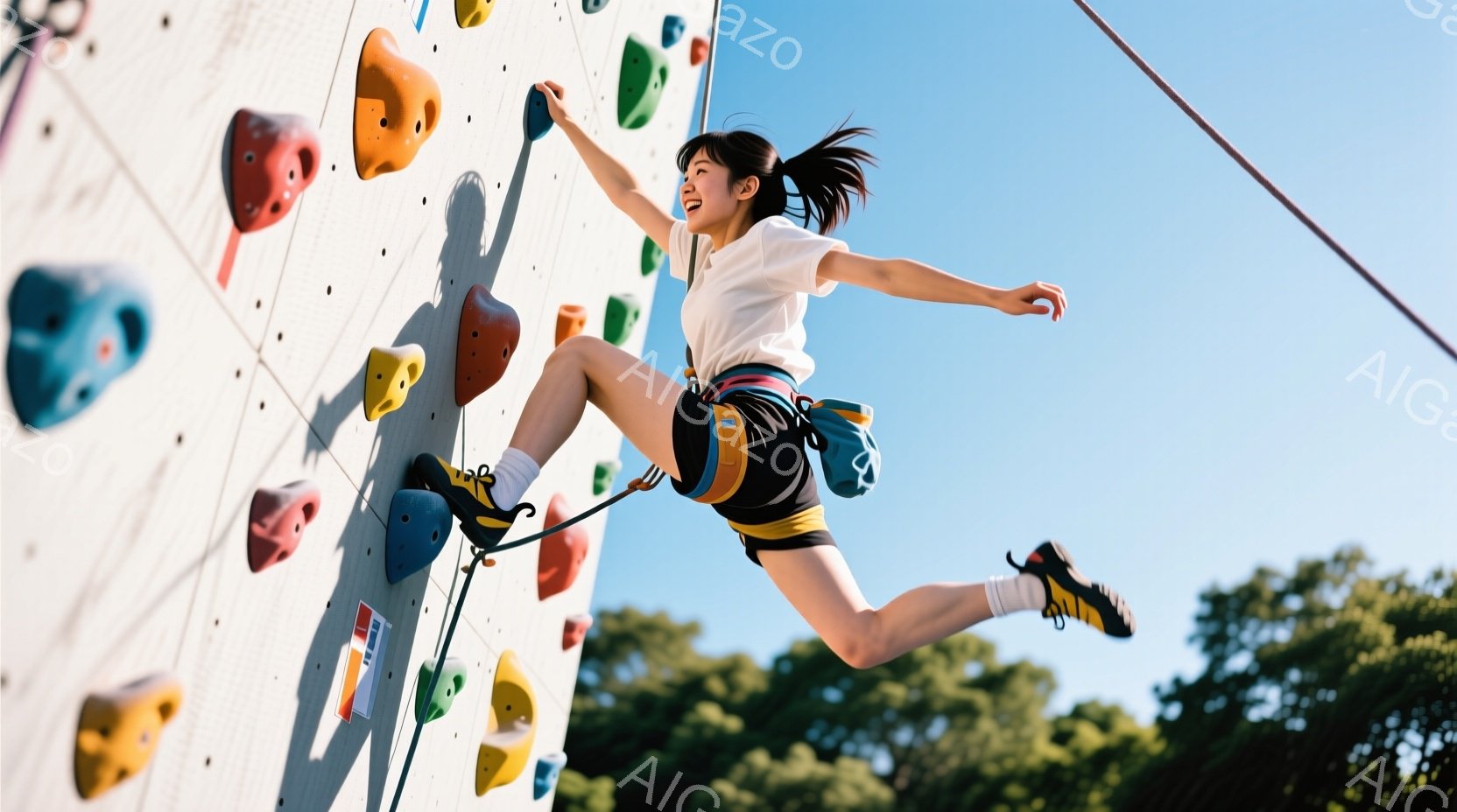 若い女性がクライミングウォールをダイナミックに登っている様子が写っています。彼女は白いTシャツ、黒いショートパンツ、そしてクライミングシューズを履き、髪はポニーテールに結ばれています。背景には青空と緑 - AI生成フリー素材