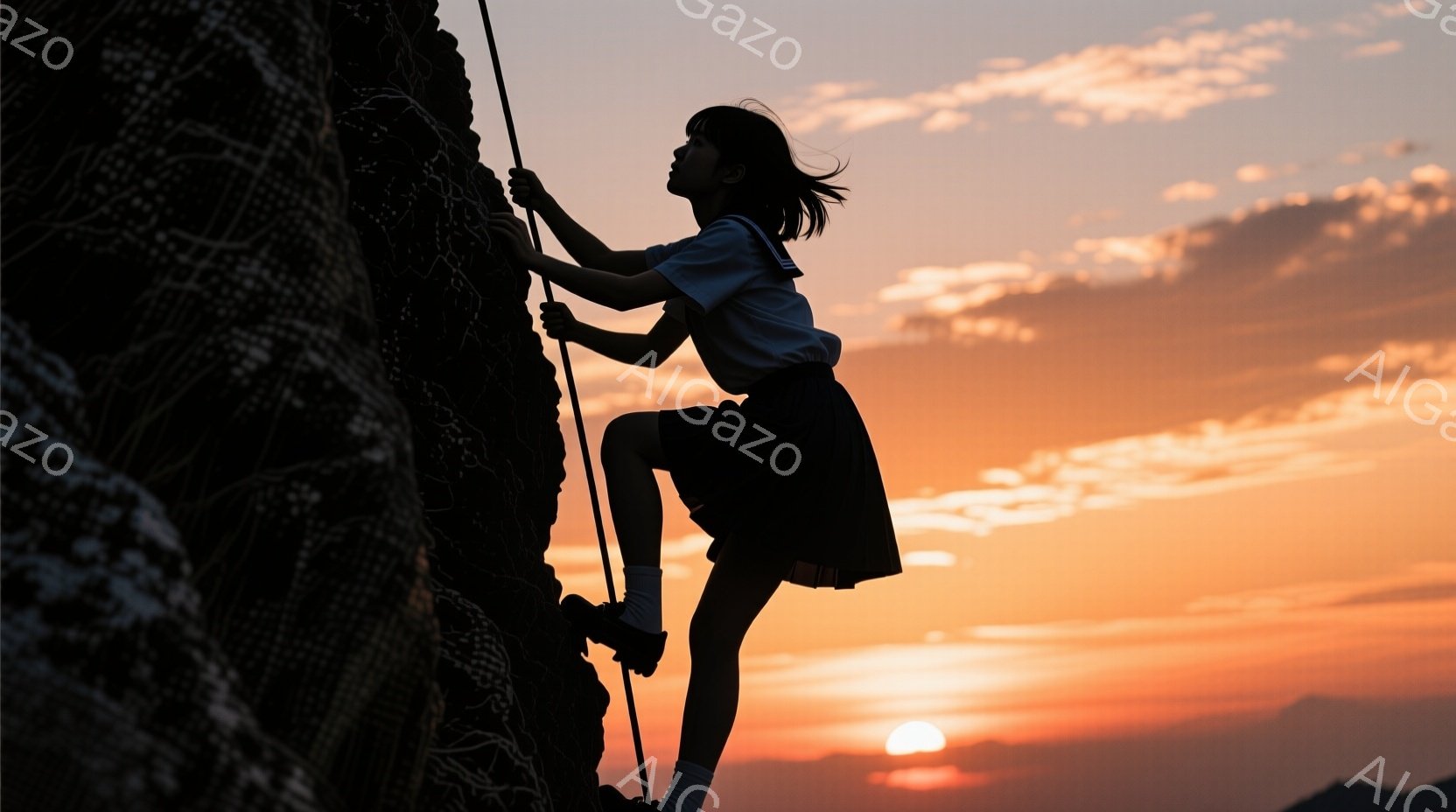 シルエットで描かれた少女が、ロープを伝って高い壁を登っている姿が印象的だ。紺色のスカートと白いシャツの制服を着ており、髪は後ろで一つに結ばれている。背景は燃えるような夕焼け空と、遠くに見える山の稜線で - AI生成フリー素材