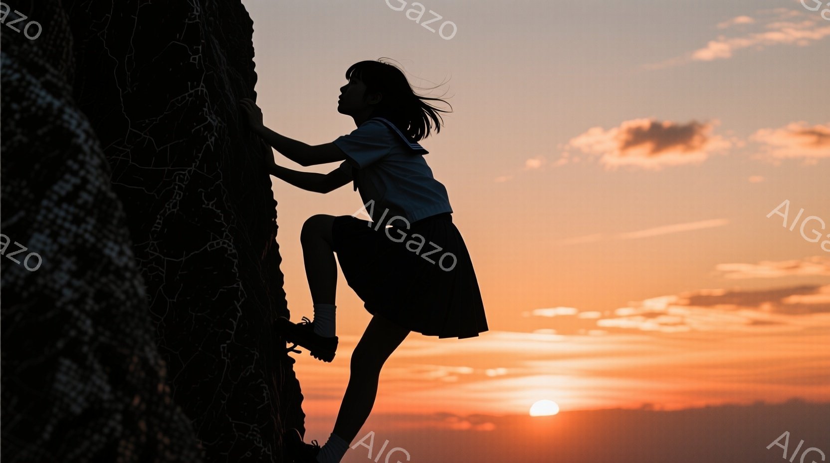 シルエットになった少女が、粗い壁をよじ登っている様子が描かれています。彼女は短めの髪で、制服のような服装をしており、力強く壁にしがみついている姿から、挑戦的な雰囲気が伝わってきます。背景には、燃えるような夕焼け空が広がり、希望と決意を象徴するような暖かい光が広がっています。