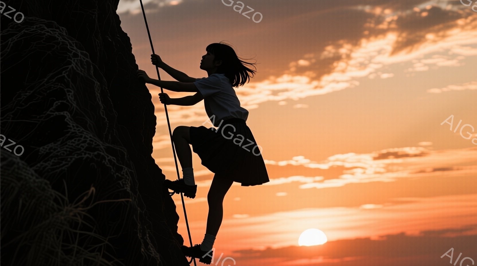 シルエットで描かれた少女が岩壁を登っている様子が捉えられている。短い髪とスカート姿で、片足を持ち上げ、岩にしがみつきながら、力強く登っている。背景は夕焼けに染まり、オレンジと赤のグラデーションが広がっ - AI生成フリー素材