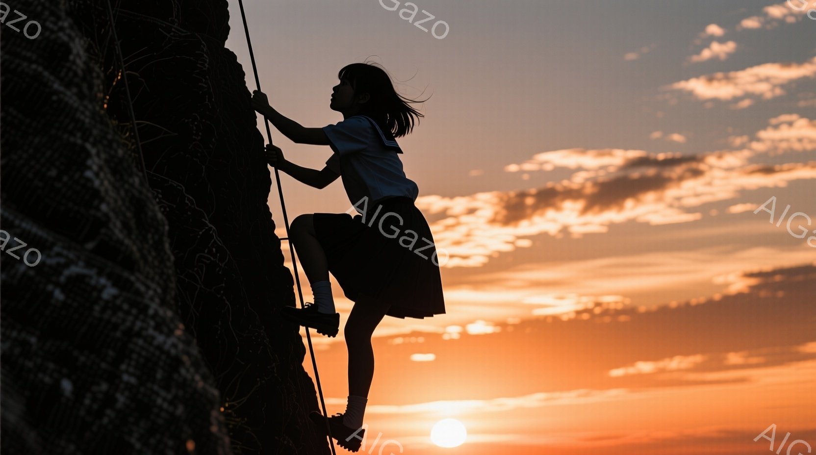 シルエットになった少女が岩壁をよじ登っている。紺色の制服に黒いスカートを着用し、長い髪が背中に広がっている。背景は燃えるように赤とオレンジの夕焼け空で、太陽が輝き、力強く希望に満ちた雰囲気を醸し出している。