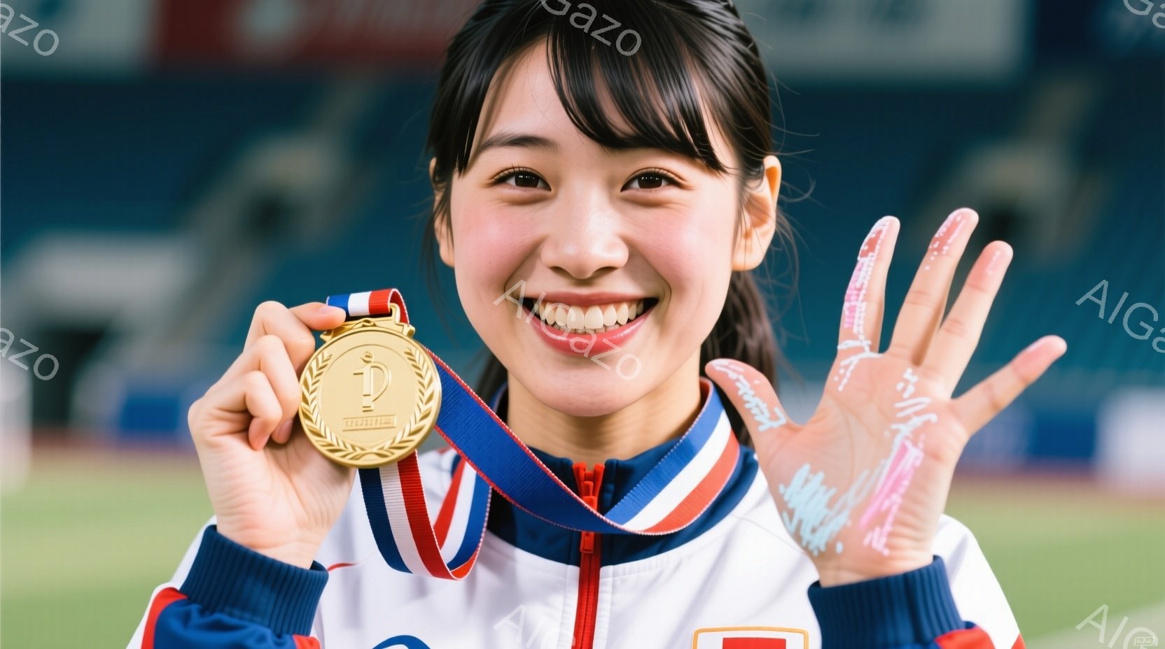 この女性は金色のメダルを首から下げ、満面の笑みを浮かべています。トリコロールカラーのジャケットを着用し、髪は前髪を下ろしたショートボブスタイルです。背景は緑色の芝生で、競技場の一部が見え、明るく晴れた日の雰囲気が伝わってきます。