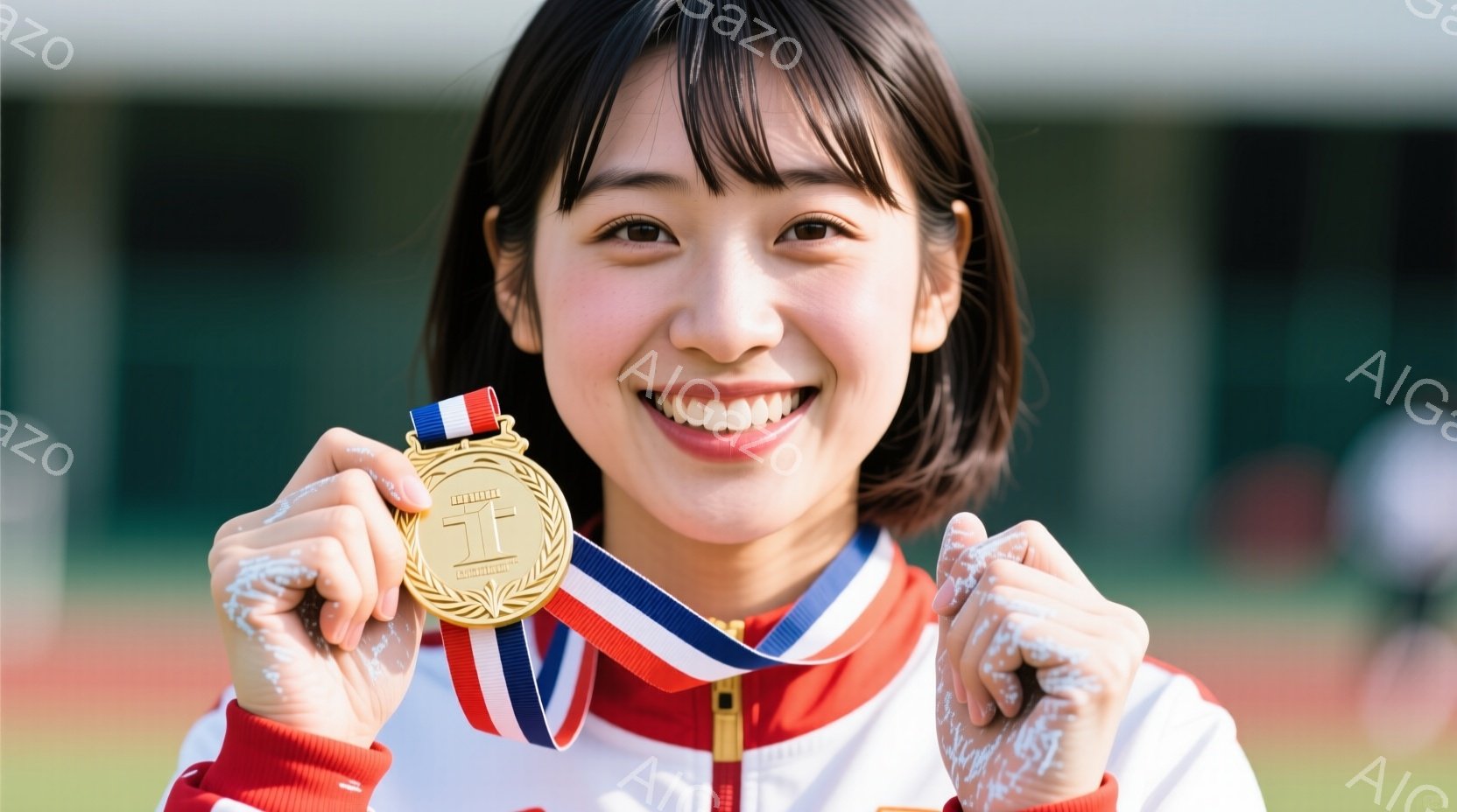 若い女性がメダルを手に笑顔でこちらを見ている。彼女は白いスポーツジャケットに青と赤のラインが入ったものが着ており、短い黒髪で、表情は明るく輝いている。背景には緑のフィールドと、ぼやけた建物が見え、晴れた日のスポーツイベントの様子がうかがえる。