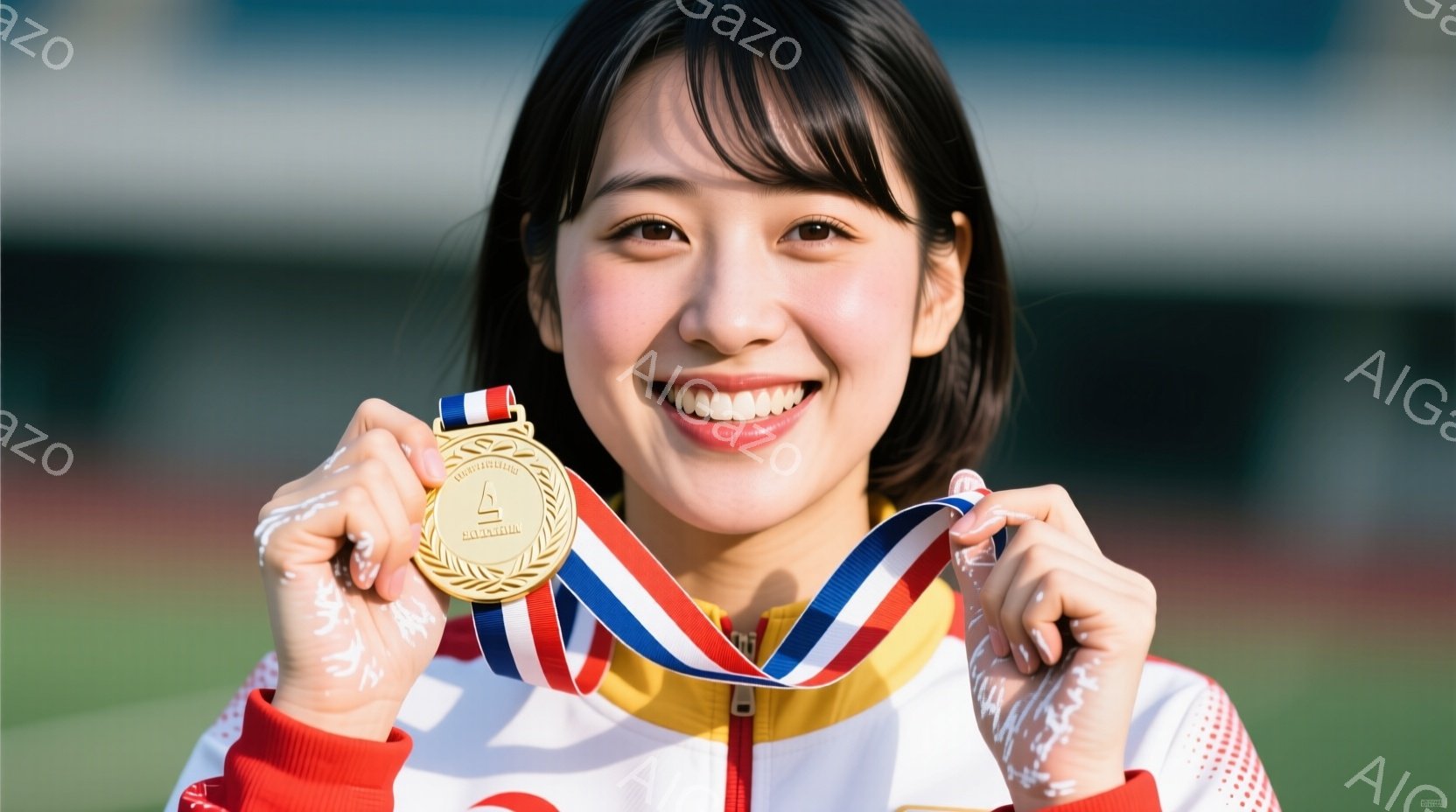 この女性は金色のメダルを誇らしげに掲げて笑顔を浮かべている。彼女は赤いジャケットに黄色の縁取りがあり、髪は後ろでポニーテールにまとめられている。背景は緑のフィールドとぼやけた建物で、晴れた日の屋外の様 - AI生成フリー素材