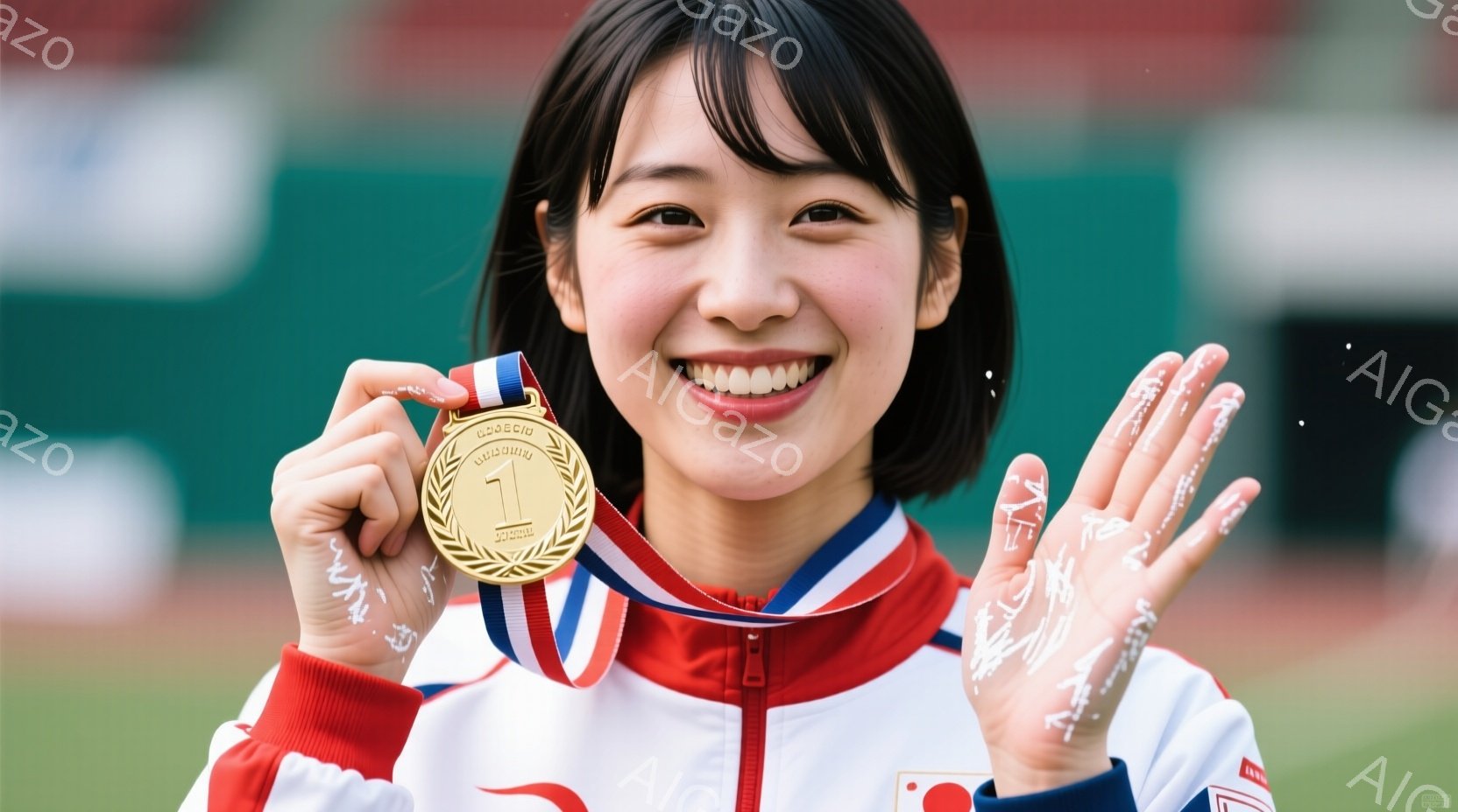 この女性は、競技後に金メダルを首にかけて笑顔で立っています。赤いジャケットに白いラインが入っており、髪は短く、前髪を下ろしています。彼女の片手にはメッセージが書かれており、満面の笑みで両手を広げていま - AI生成フリー素材