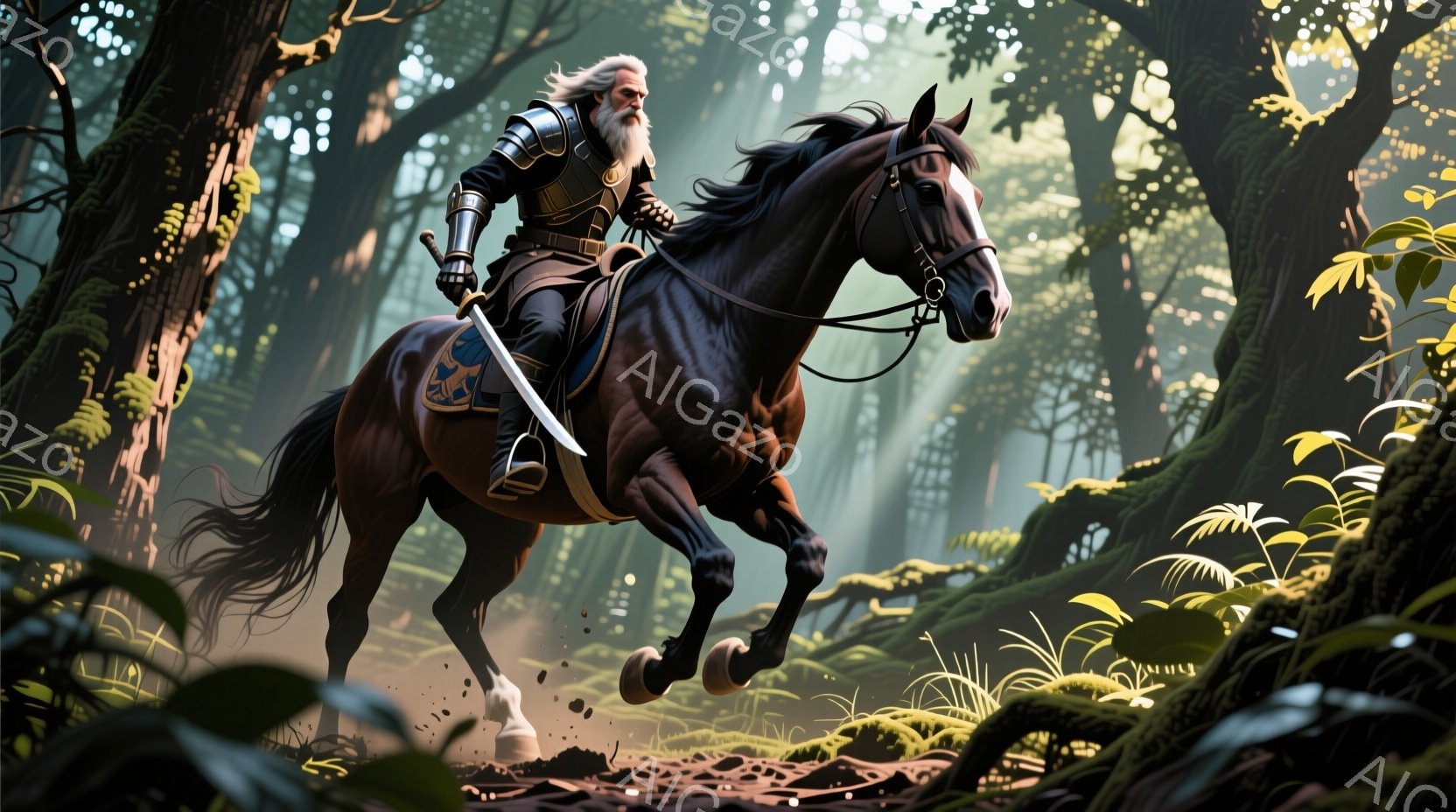 白髪で髭を生やした男性が、黒い馬にまたがり、森の中を疾走している。彼は銀色の鎧と革製のベルトを身につけ、手には剣を持っている。背景には緑豊かな木々や草が生い茂り、光が差し込み、冒険と神秘的な雰囲気を醸 - AI生成フリー素材