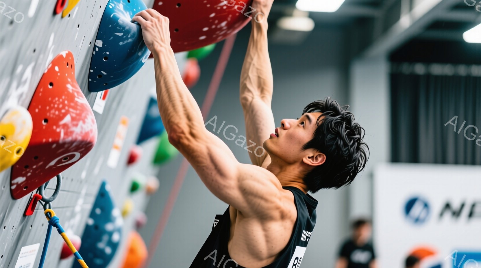 筋骨隆々とした男性がクライミングウォールを登っている様子が写っている。タンクトップと短パン姿で、髪は短く整えられ、集中した表情でホールドに掴まっている。クライミングウォールは様々な色のホールドが取り付けられており、背景にはクライミングジムの壁が見える。