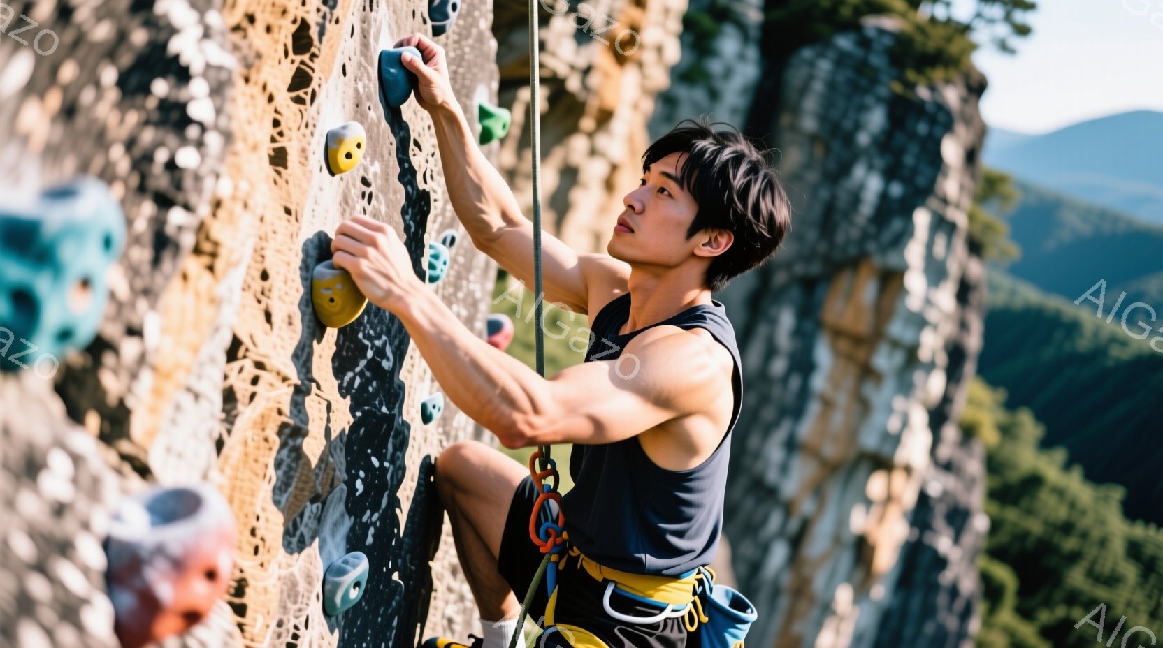 黒いタンクトップとハーネスを着用した男性が、岩壁を登っている様子が写っている。彼は集中した表情で、片手を掴み、体を岩壁に近づけている。背景には緑豊かな山々が広がり、晴天のもと、活気あるアウトドアアクティビティの雰囲気が漂う。