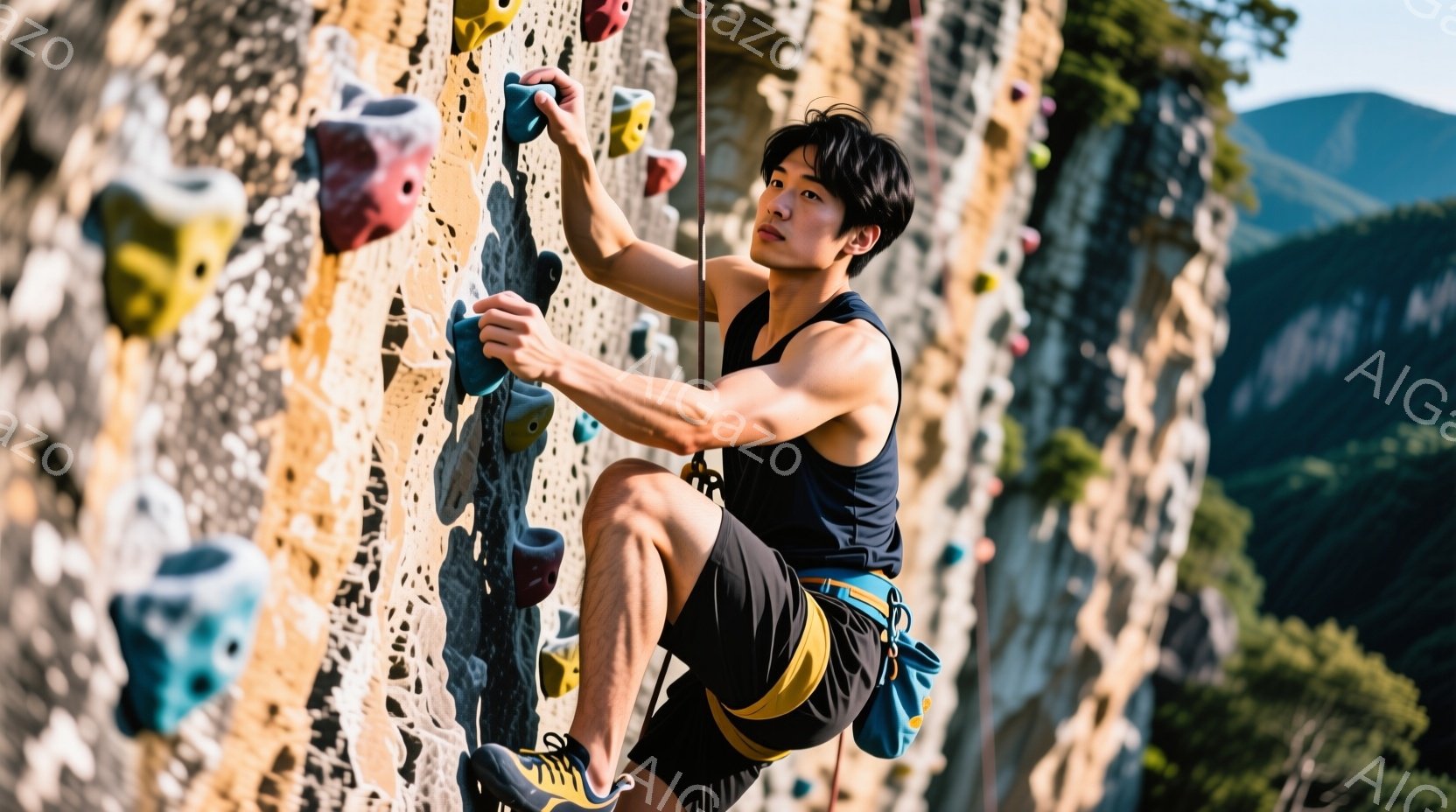 黒いタンクトップと黒いショートパンツを着た男性が、カラフルなクライミングウォールを登っている。彼は集中した表情で、片足を高く上げて体を壁に密着させている。背景には緑豊かな山々が広がり、晴天の下、アウト - AI生成フリー素材