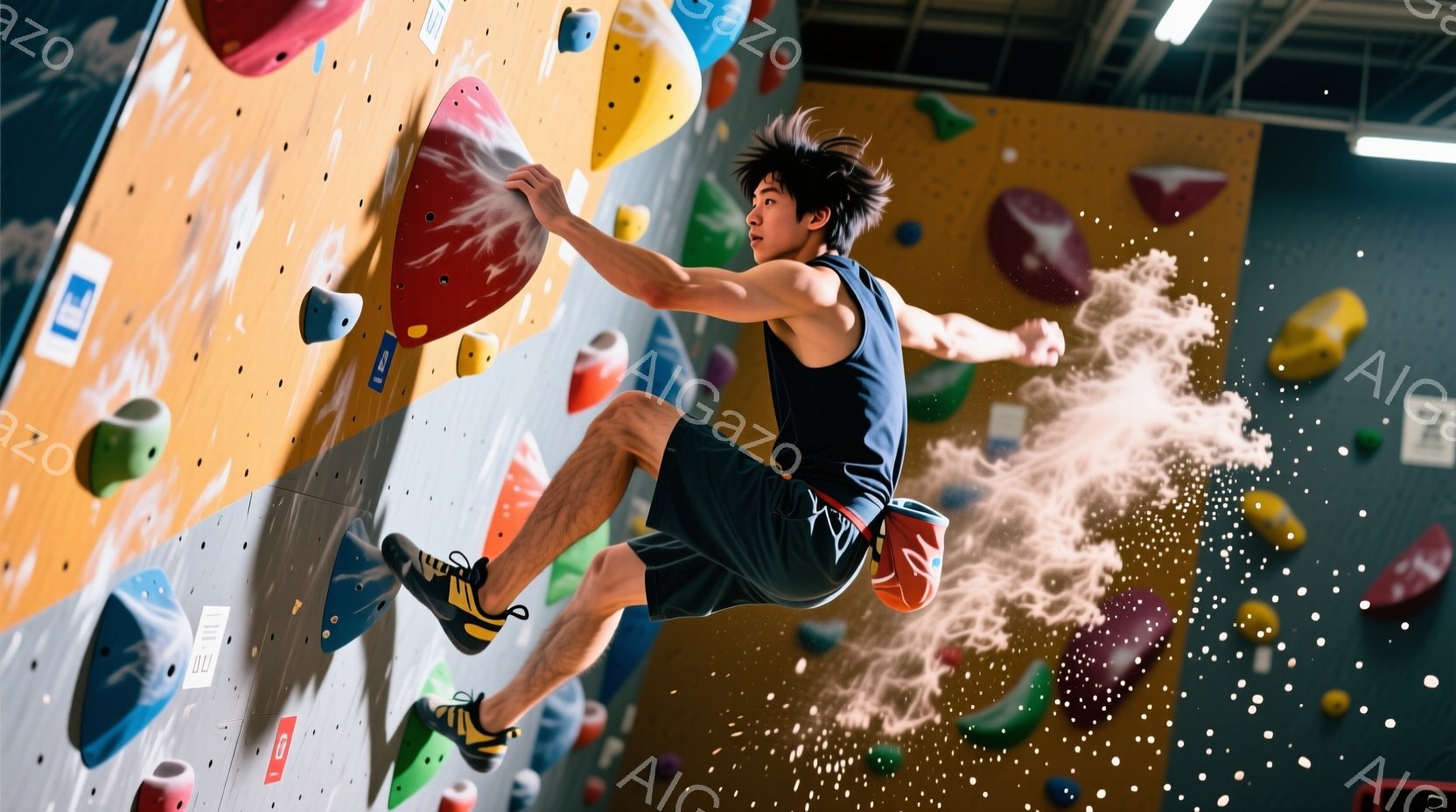 若い男性がクライミングジムの壁を力強く登っている様子が捉えられています。彼は黒のタンクトップと紺色のハーフパンツを着用し、髪は無造作に立っています。壁には様々な色のホールドがあり、彼が体を伸ばして掴んでいる様子から、運動能力の高さを感じさせます。