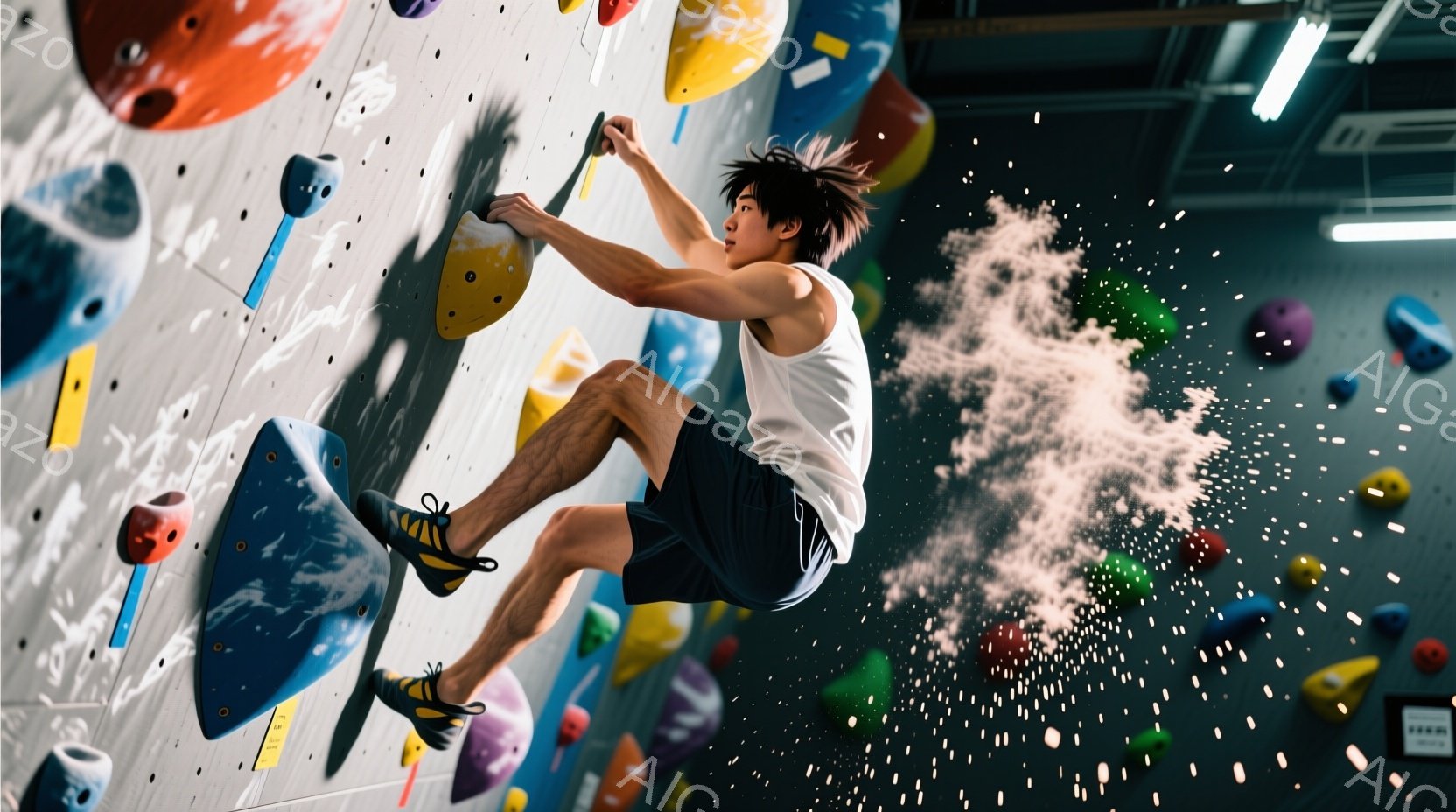 若い男性がクライミングウォールを登っている様子が写っている。彼は白いタンクトップと濃い青色のショーツを着用し、黒いクライミングシューズを履いている。周囲には様々な色のクライミングホールドが配置されてお - AI生成フリー素材