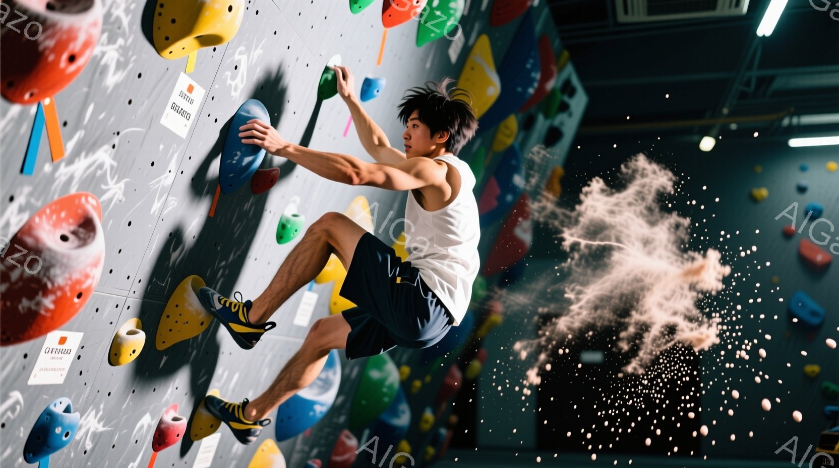若い男性がクライミングウォールを登っている様子が写っている。彼は黒いTシャツと短パンを着用し、髪は短く整えられている。彼の表情は集中しており、体を大きく広げて次のホールドを目指している姿は、運動能力の高さと挑戦的な雰囲気を伝えている。