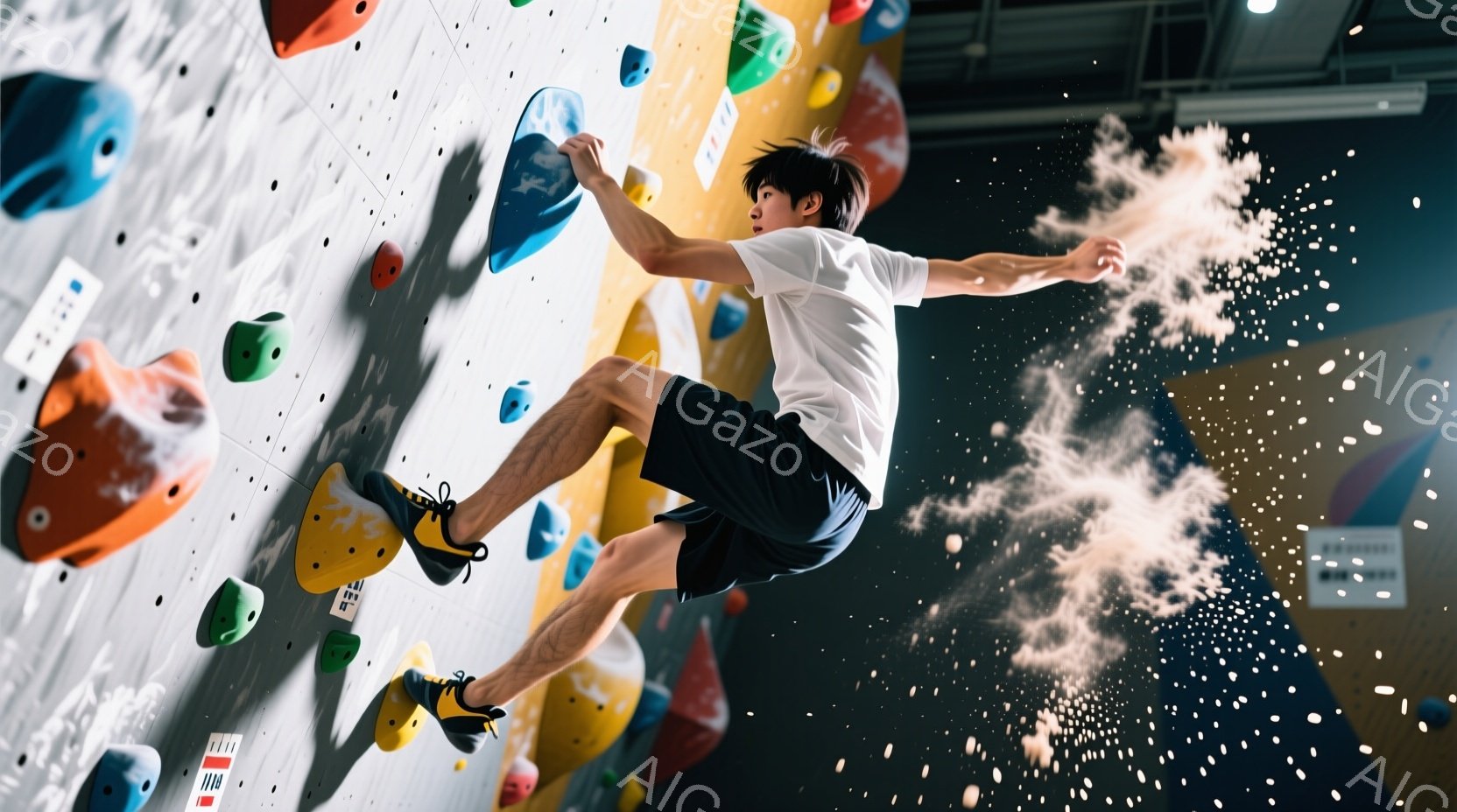 若い男性がクライミングウォールをダイナミックに登っている様子が捉えられています。彼は白のTシャツと黒のショートパンツを着用し、髪は短く整えられています。壁はカラフルなホールドで構成され、彼の周りには粉塵が舞い上がっており、躍動感と集中した雰囲気を醸し出しています。