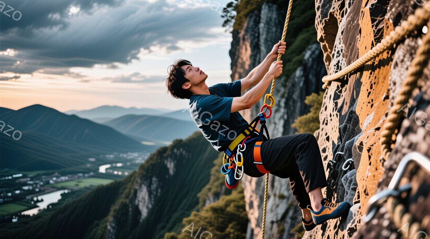 険しい岩壁をクライミングをする男性が写っている。彼は黒いクライミングシューズ、黒いズボン、濃い青色の半袖シャツを着用し、ハーネスを締めている。背景には緑豊かな山々が広がり、曇り空が広がり、挑戦的で自然 - AI生成フリー素材