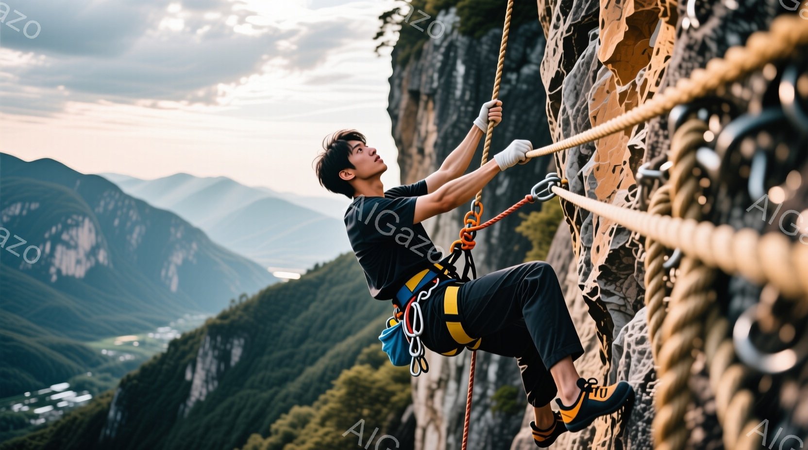 人物は山登りを行っており、左手にクライミング道具を持ち、右手は保護用のパッドをつけております。髪型は短髪であり、表情は集中しているような様子です。背景は山岳地帯で、雲がかかっています。全体の雰囲気はスポーツやアウトドアの要素が強く、清らかな空と美しい自然風光により、憧れの山登りへの道のりを感じさせるものです。
