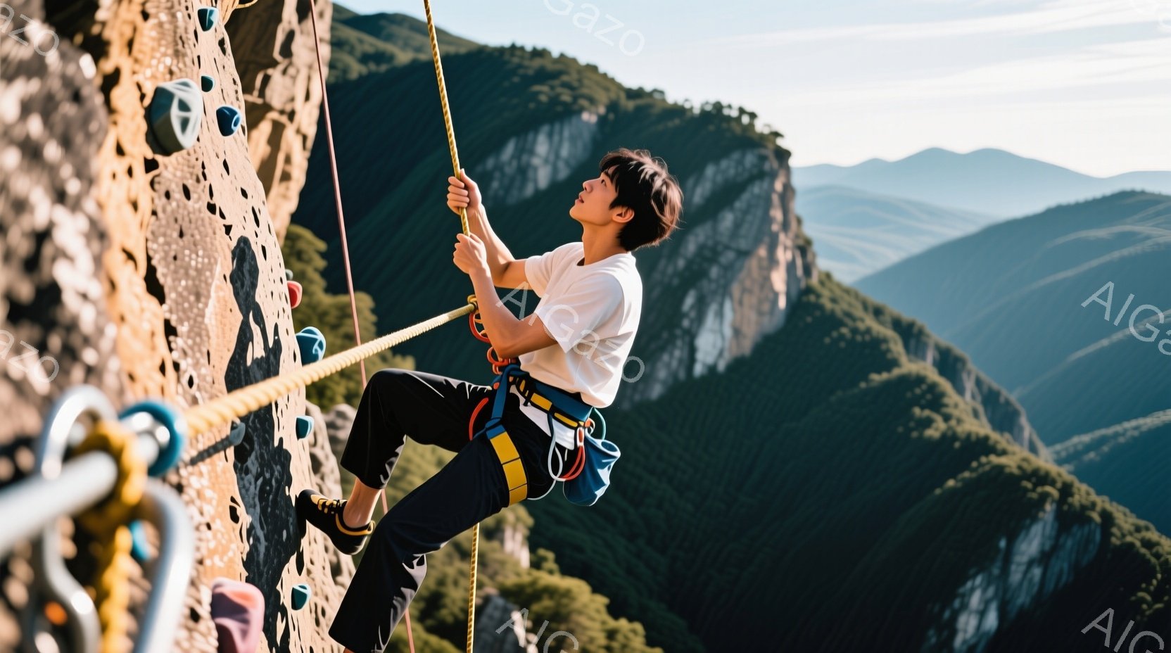 若い男性が険しい岩壁を登っている様子が写っている。彼は白いTシャツ、黒いクライミングパンツ、そしてクライミングシューズを着用し、ハーネスを締めている。背景には緑豊かな山々が広がり、晴天の下、挑戦的なク - AI生成フリー素材