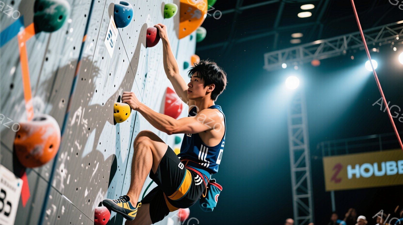 若い男性クライマーがクライミングウォールを登っている姿が捉えられています。彼はタンクトップとクライミングパンツを着用し、集中した表情で岩壁にしがみついています。背景にはクライミングウォールの構造と、ぼやけた観客席が見え、競技の緊張感が伝わってきます。