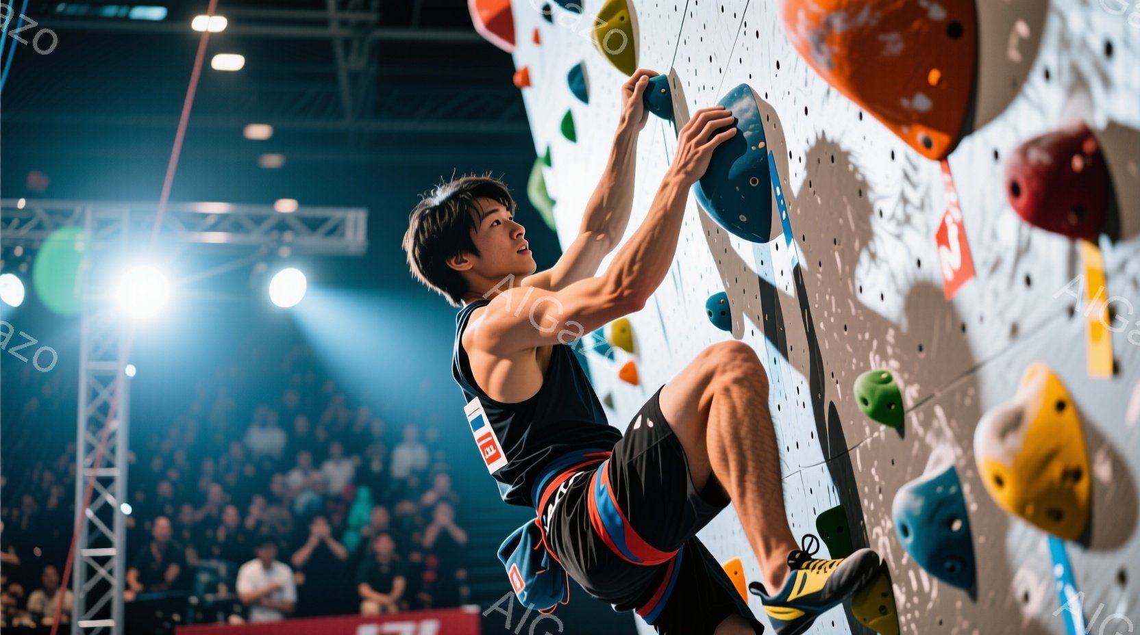 男性のクライマーは、カラフルな人工クライミングウォールを登っている。黒いタンクトップと赤いアクセントのショーツを着用し、集中した表情で体を伸ばして次のホールドを目指している。背景にはぼやけた観客席と照 - AI生成フリー素材